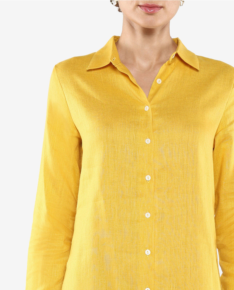 Rareism Women Peruvian Yellow Cotton Linen Fabric Full Sleeve Collared Neck Solid Regular Length Dress