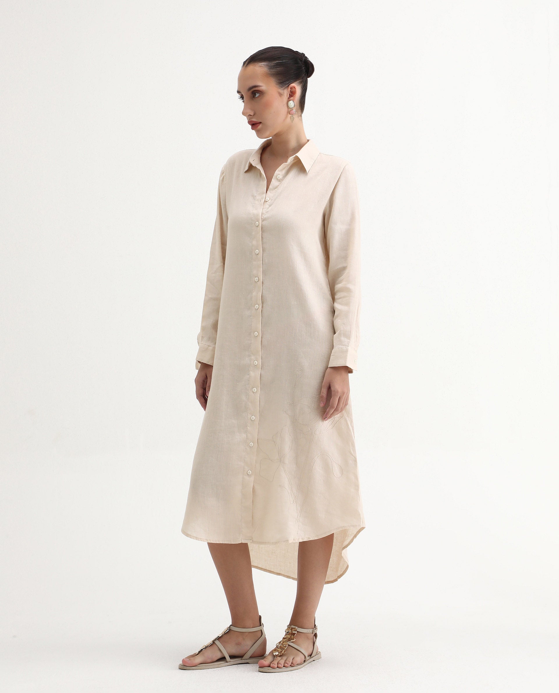 Rareism Women's Peruviano Beige Cotton Blend Drop Collar Plain Cuffed Sleeve Midi A-Line Dress