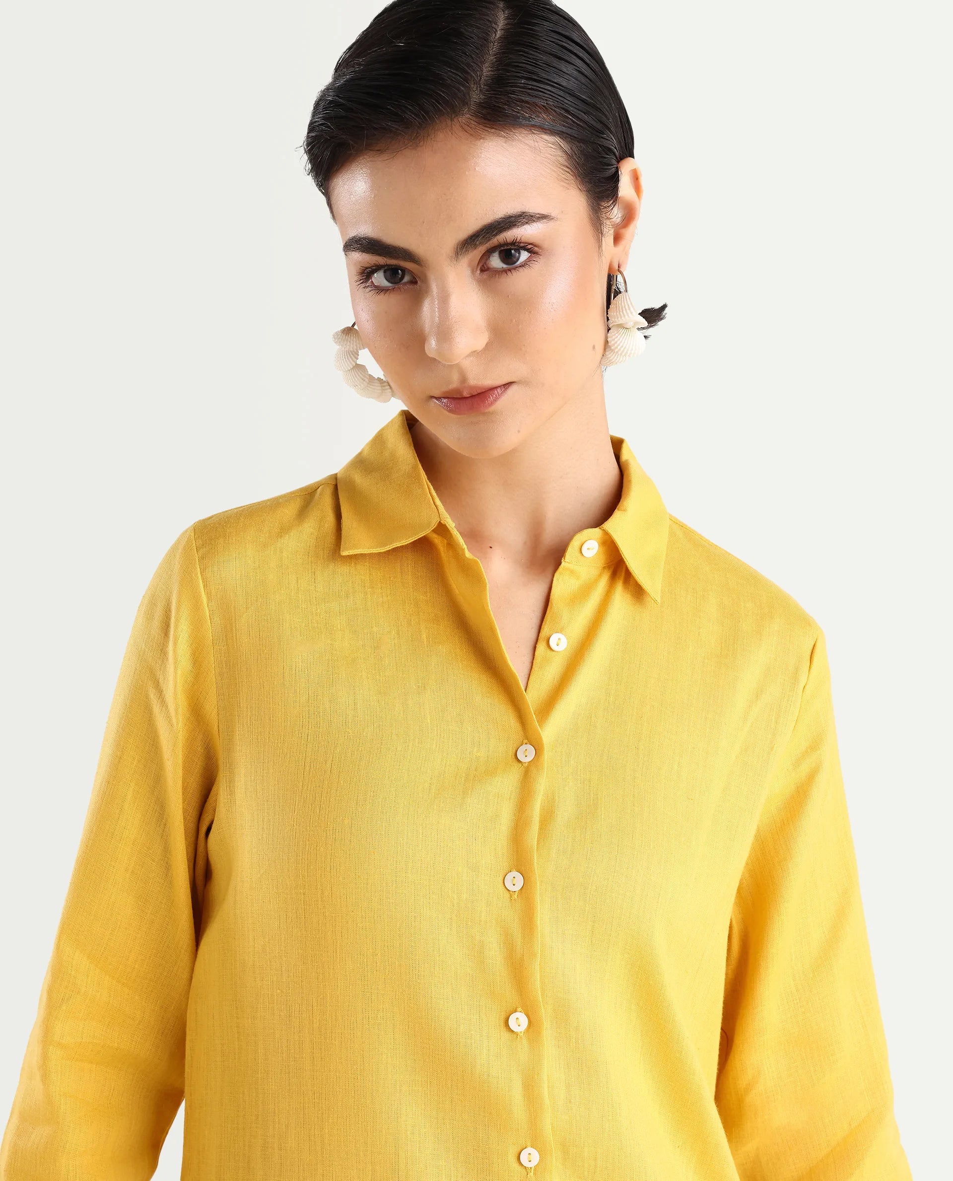 Rareism Women's Peruvian Yellow Cotton Linen Drop Collar Plain Cuffed Sleeve Midi A-Line Dress