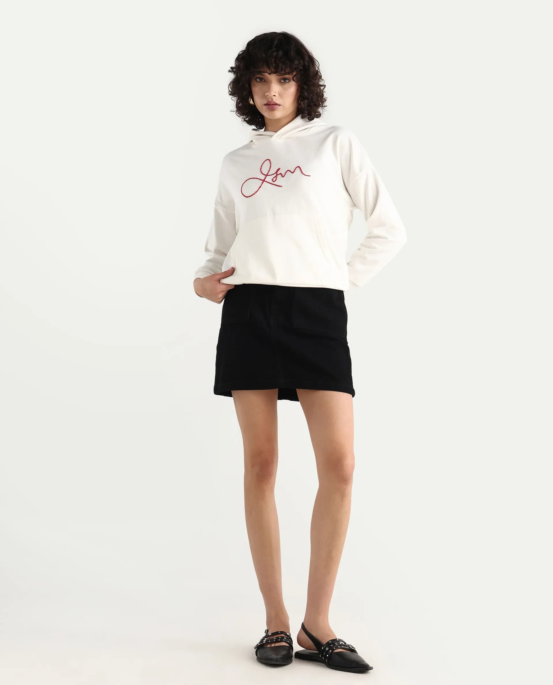 Rareism Women's Pesm Off White Knit Hooded Plain Relaxed Fit Sweatshirt