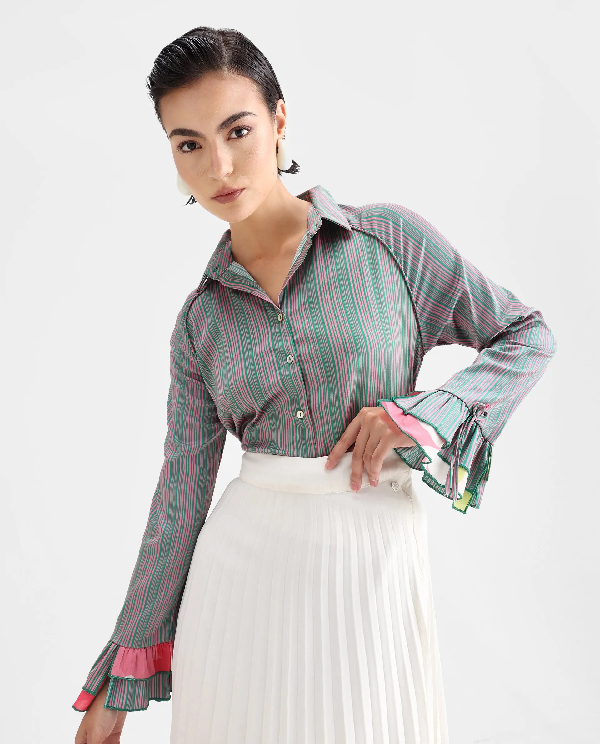 Rareism Women's Phyre Pink Polyester Spread Collar Striped Ruffled Sleeve Regular Fit Top