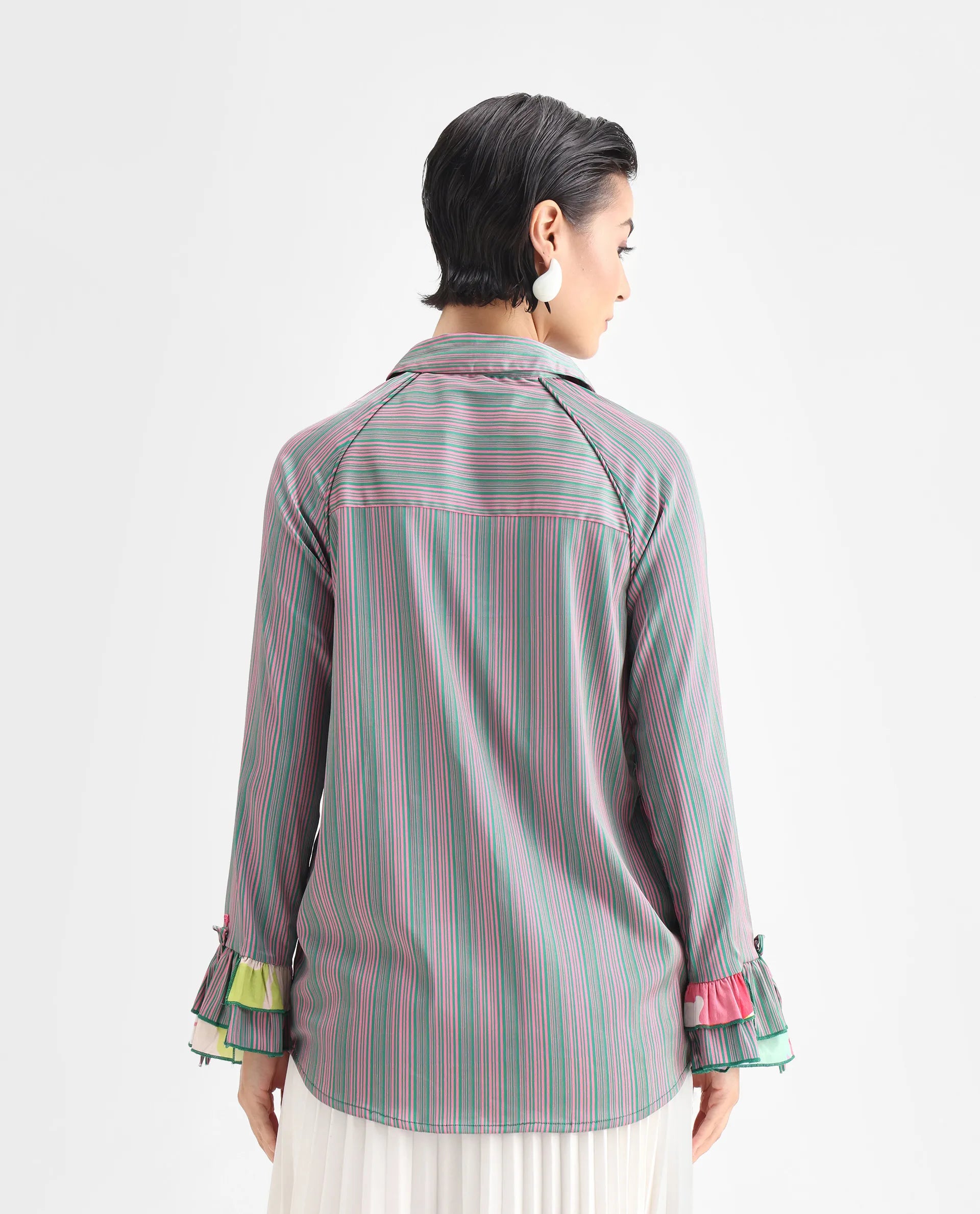 Rareism Women's Phyre Pink Polyester Spread Collar Striped Ruffled Sleeve Regular Fit Top