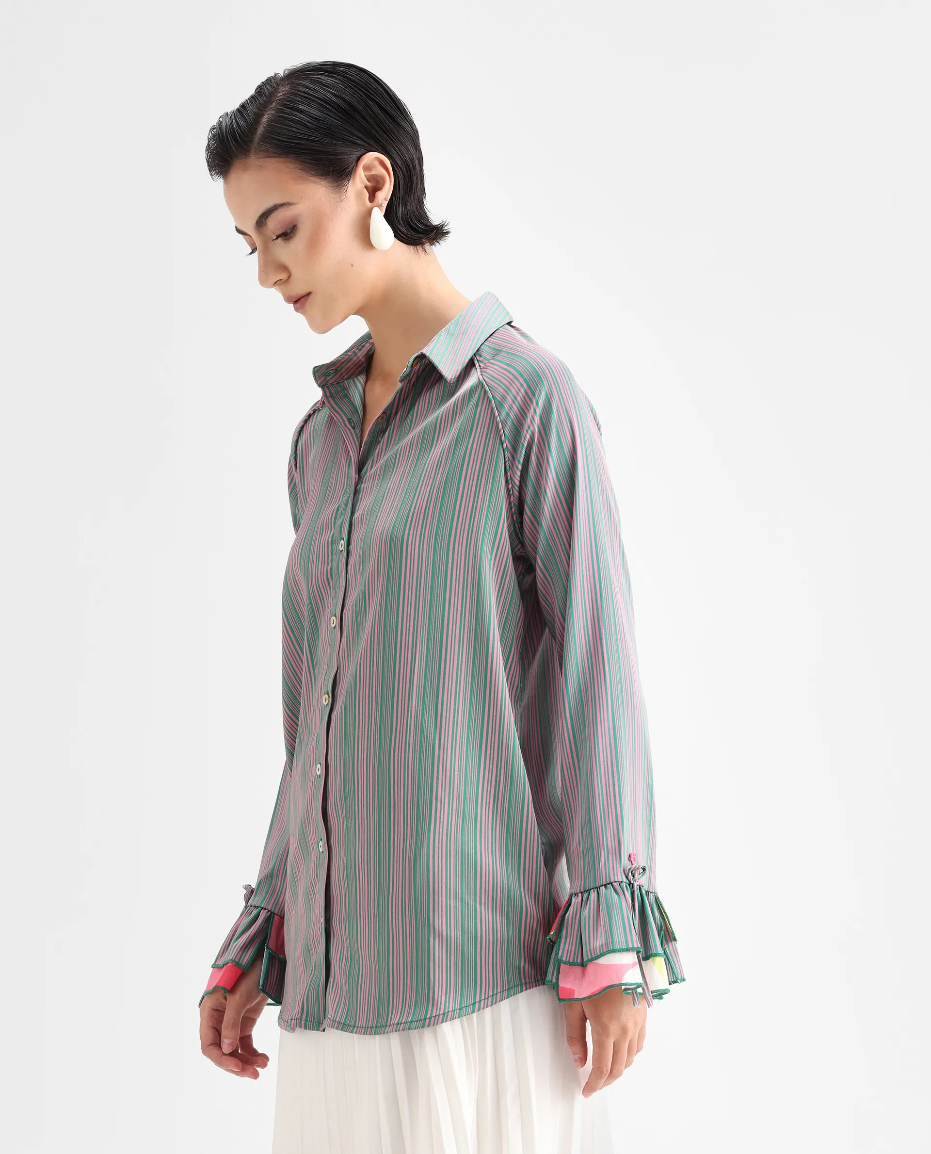 Rareism Women's Phyre Pink Polyester Spread Collar Striped Ruffled Sleeve Regular Fit Top