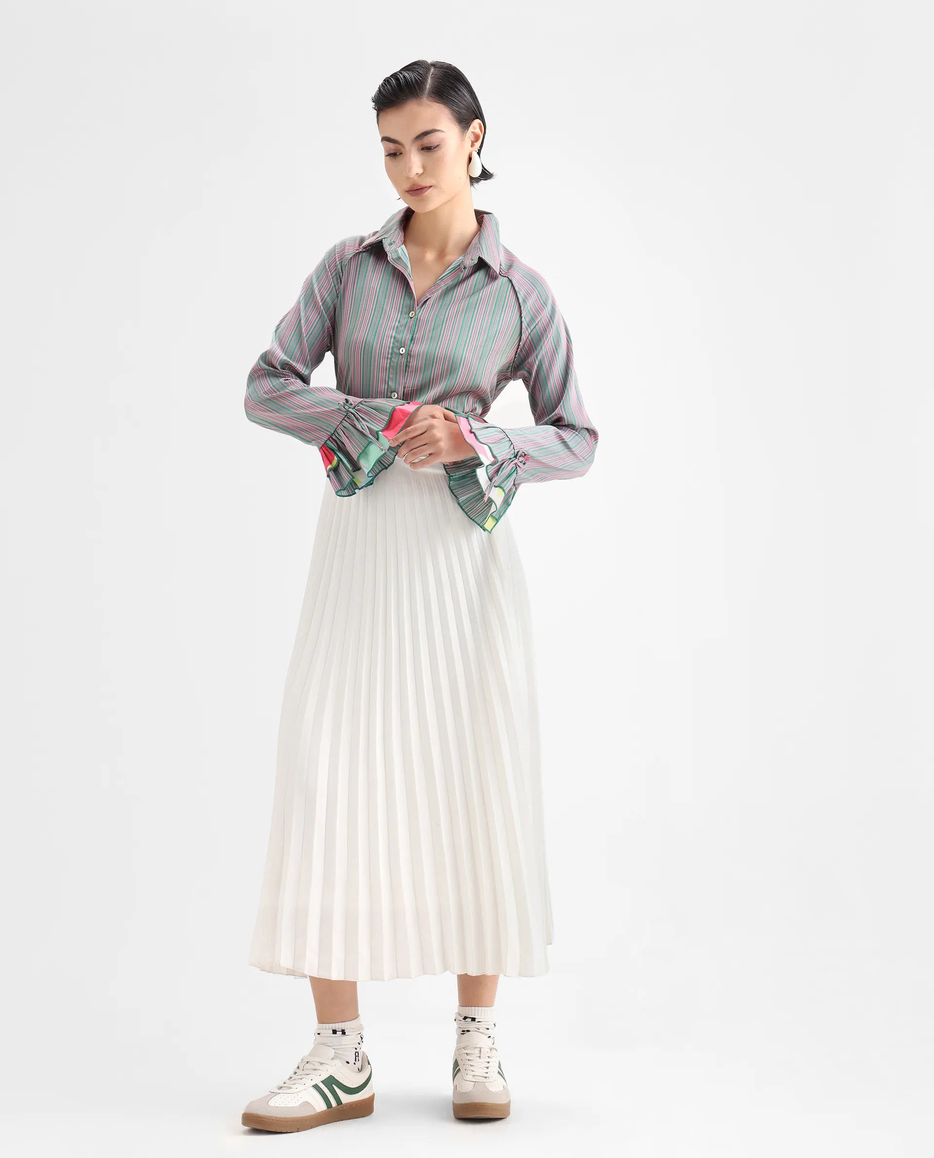 Rareism Women's Phyre Pink Polyester Spread Collar Striped Ruffled Sleeve Regular Fit Top