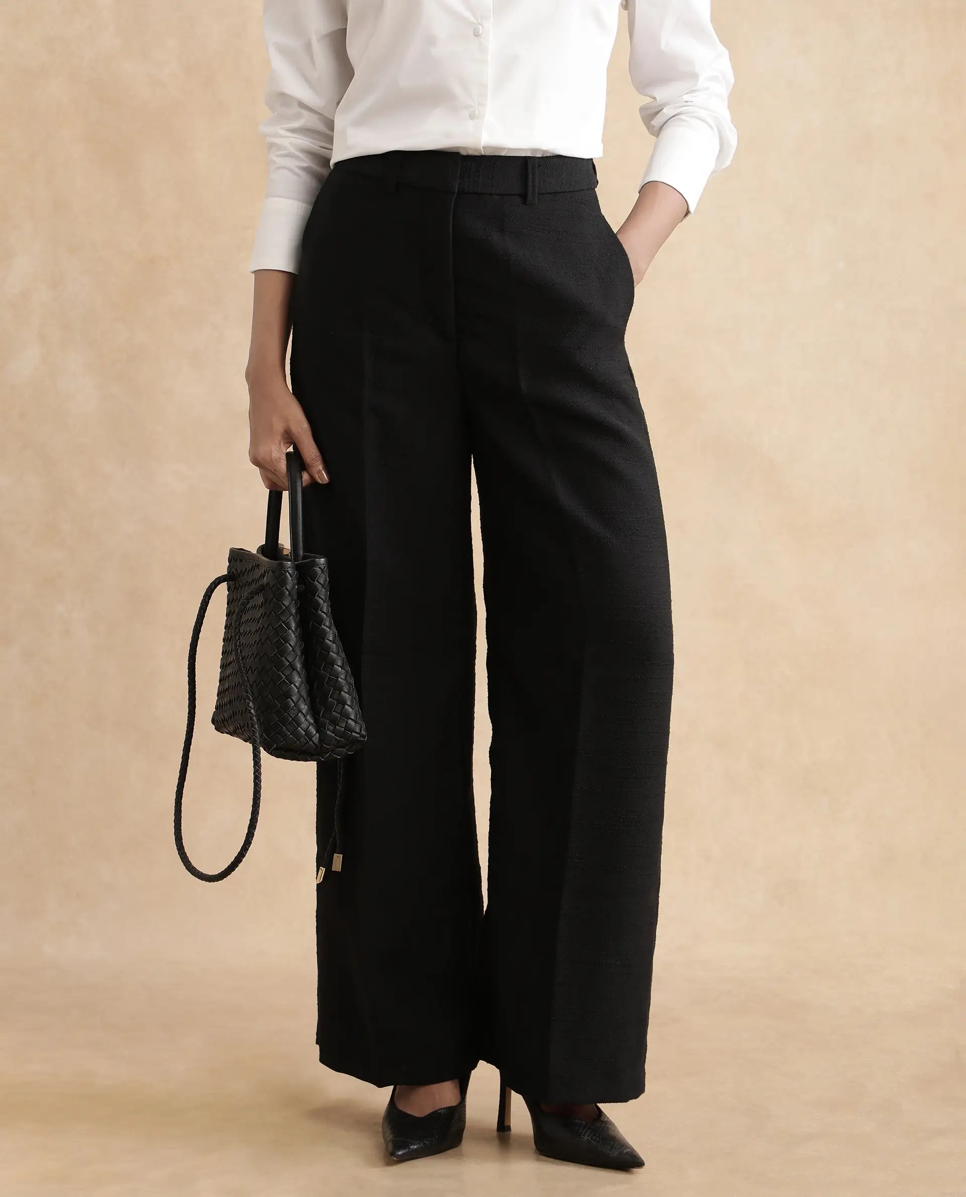 Rareism Women's Pidet-B-Black Satin Plain Ankle Length Wide Trouser