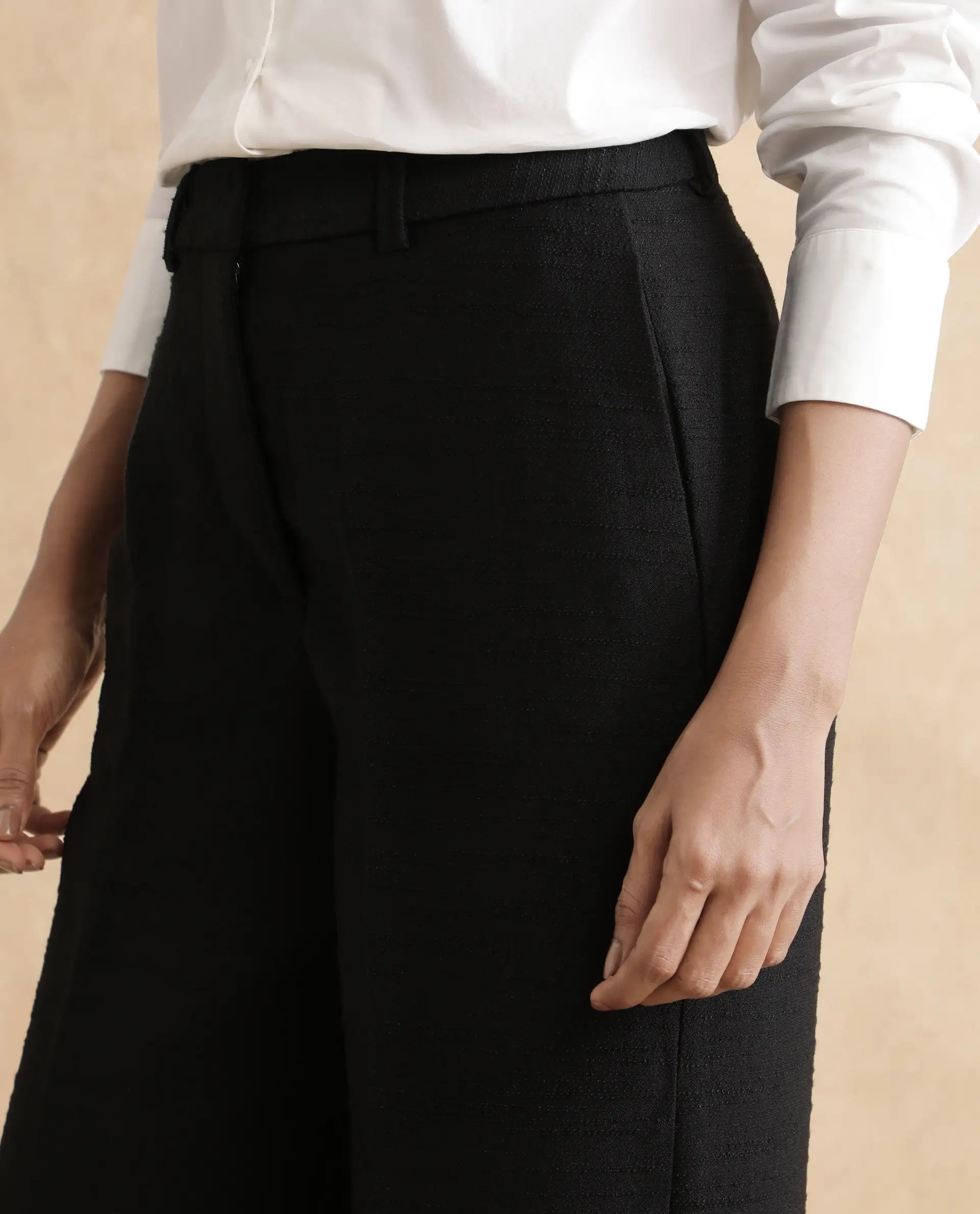 Rareism Women's Pidet-B-Black Satin Plain Ankle Length Wide Trouser