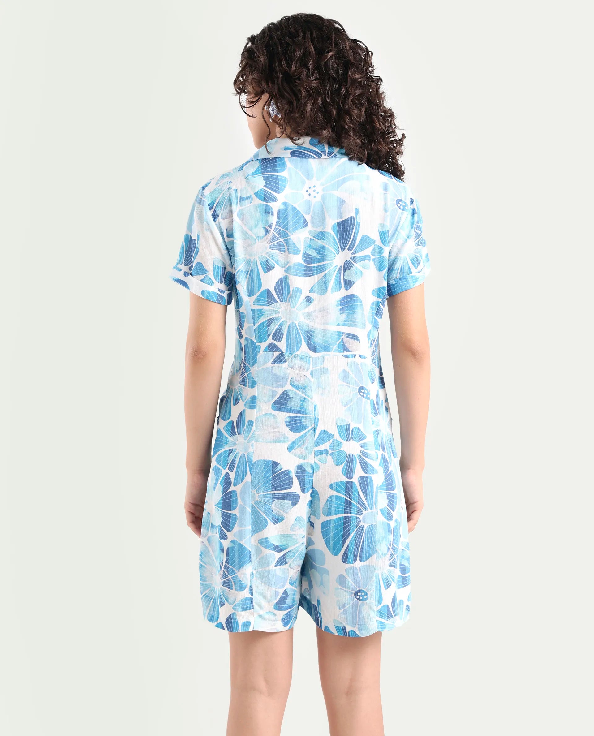 Rareism Women's Pisa Light Blue Rayon Lapel Neck Floral Print Knee Length Regular Fit Dress