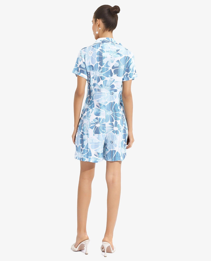 Rareism Women Pisa Light Blue Full Sleeve Lapel Neck Floral Print Knee Length Dress