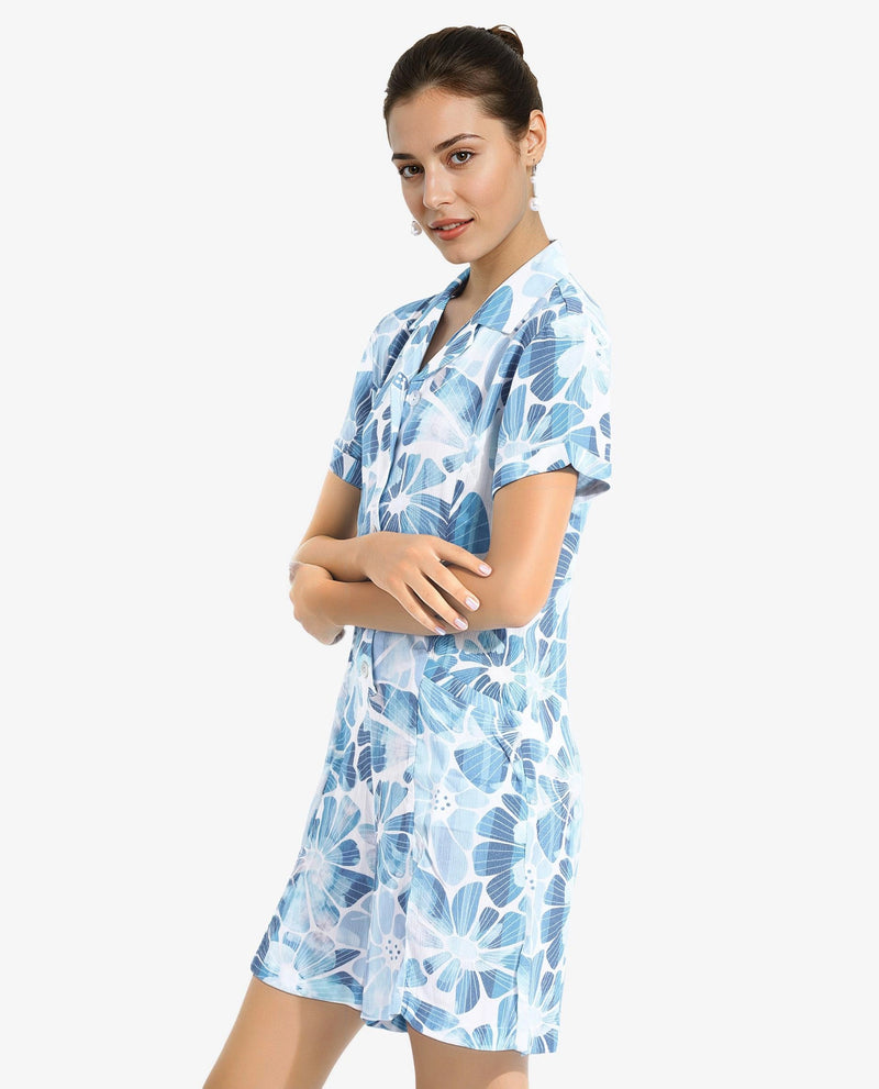 Rareism Women Pisa Light Blue Full Sleeve Lapel Neck Floral Print Knee Length Dress