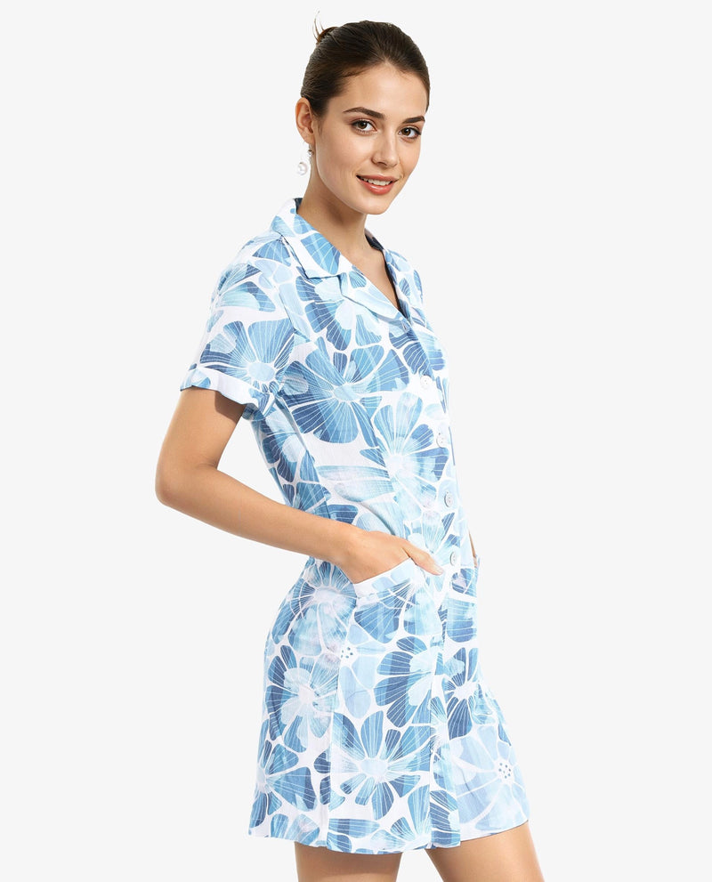 Rareism Women Pisa Light Blue Full Sleeve Lapel Neck Floral Print Knee Length Dress