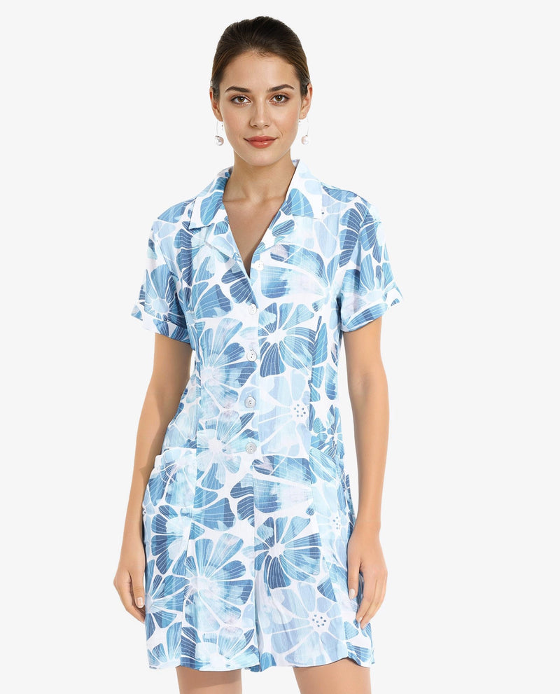 Rareism Women Pisa Light Blue Full Sleeve Lapel Neck Floral Print Knee Length Dress