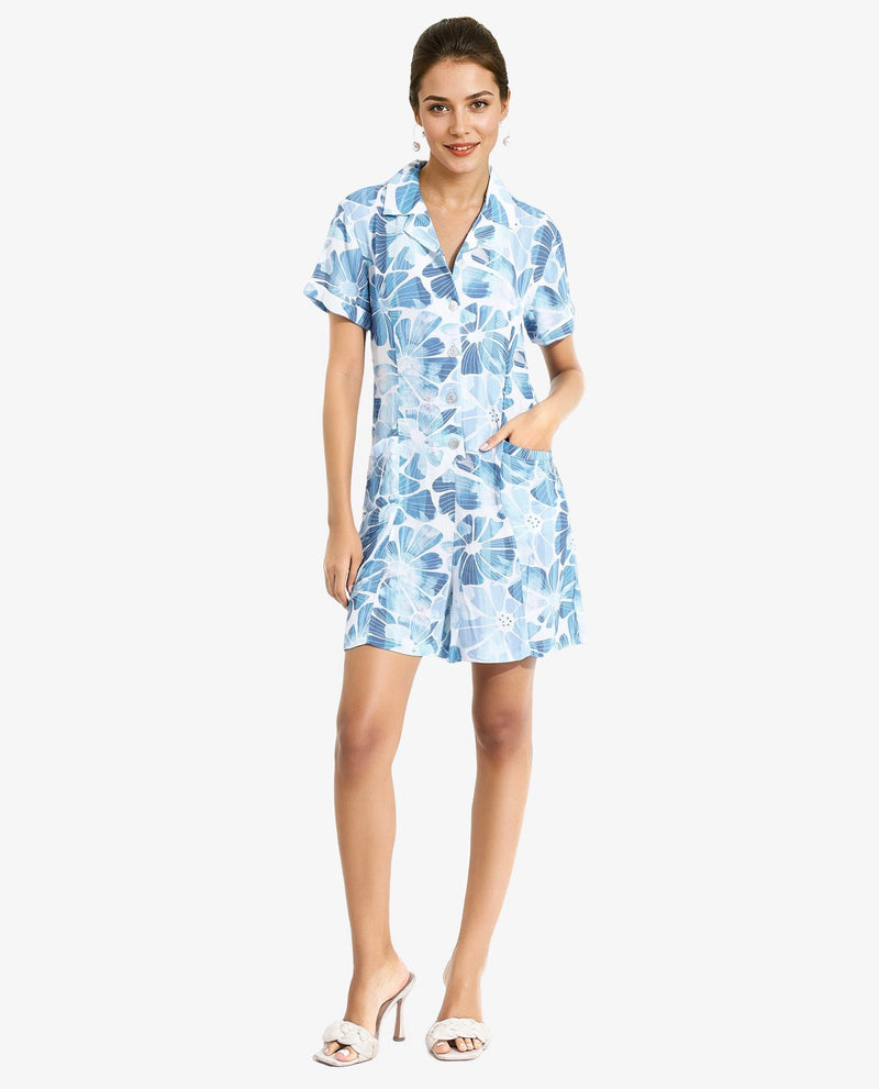 Rareism Women Pisa Light Blue Full Sleeve Lapel Neck Floral Print Knee Length Dress