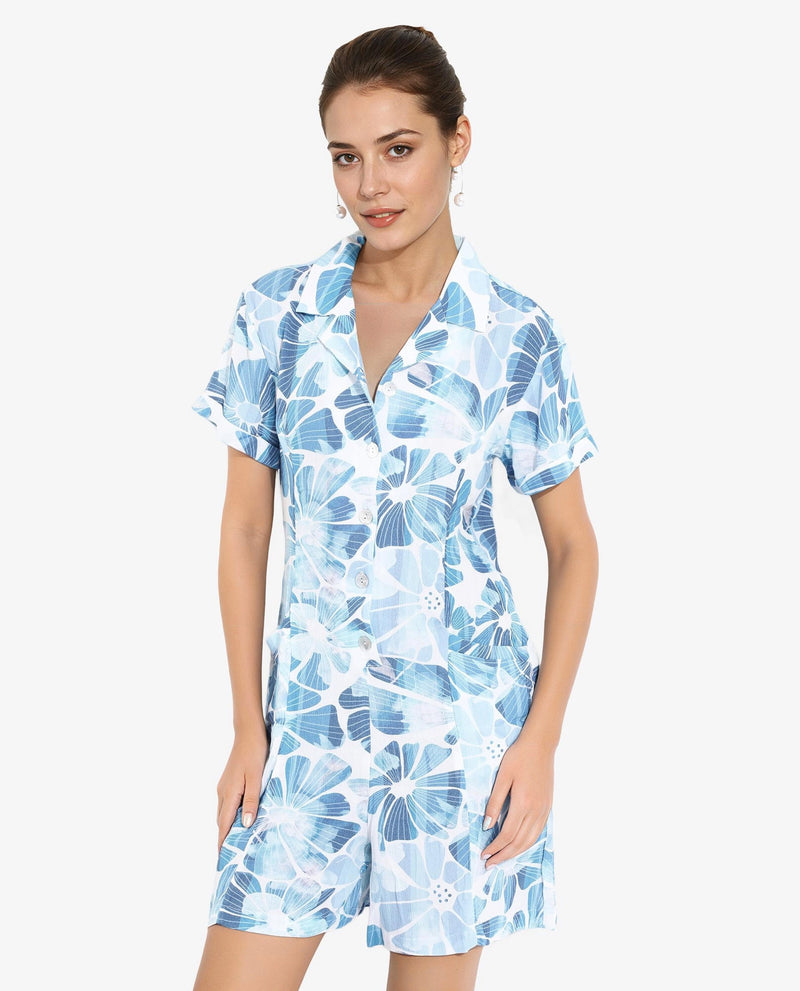 Rareism Women Pisa Light Blue Full Sleeve Lapel Neck Floral Print Knee Length Dress