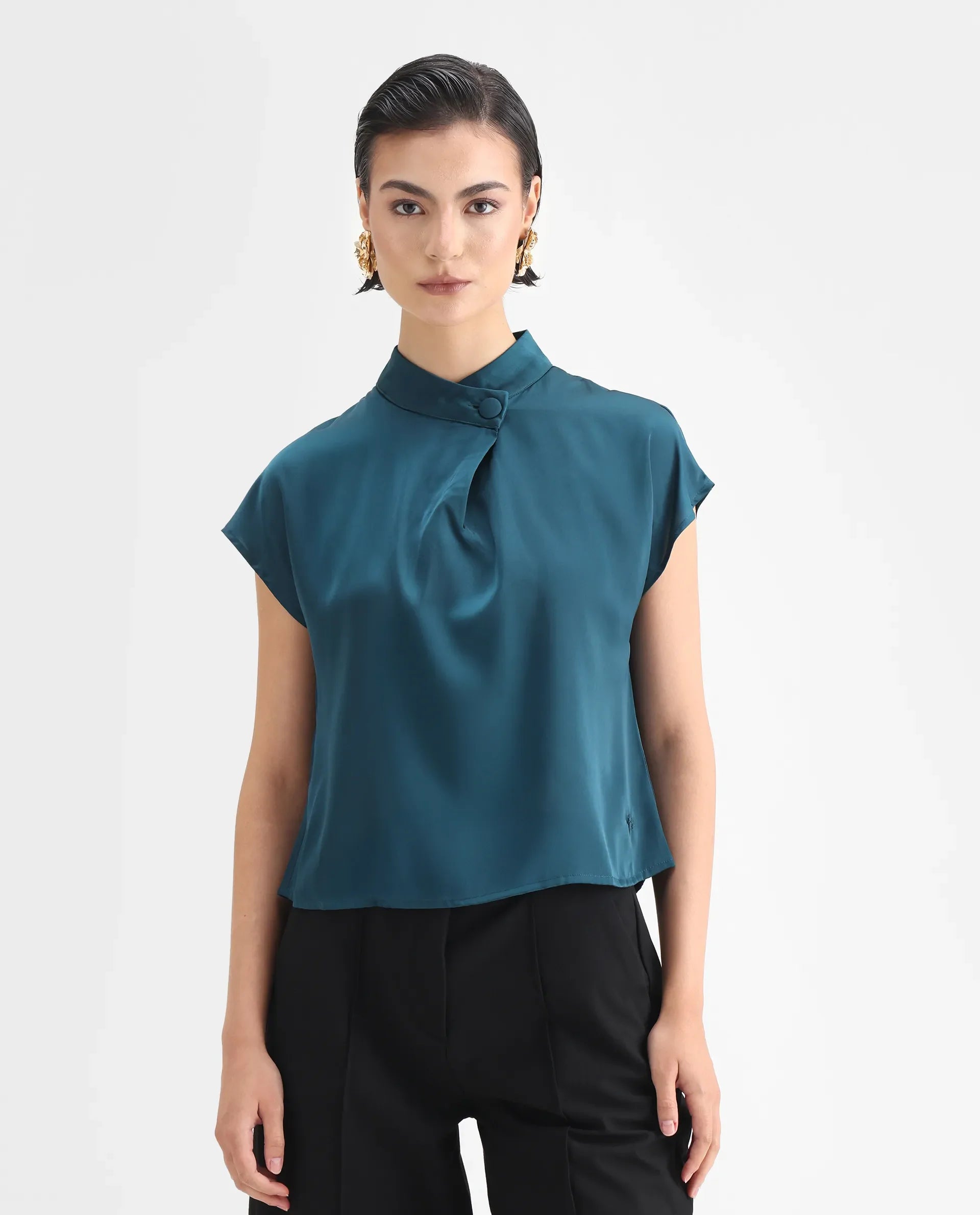 Rareism Women's Plama Petrol Satin Mandarin Collar Plain Extended Sleeves Regular Fit Top