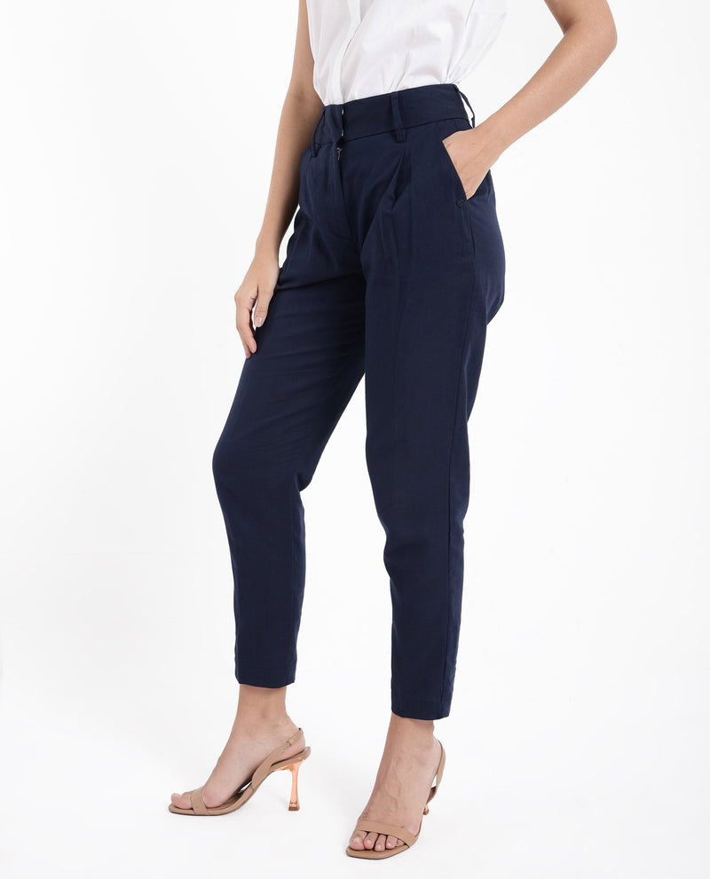 Rareism Women Plio Dark Navy Zipper Closure Tapered Fit Plain Ankle Length Trouser