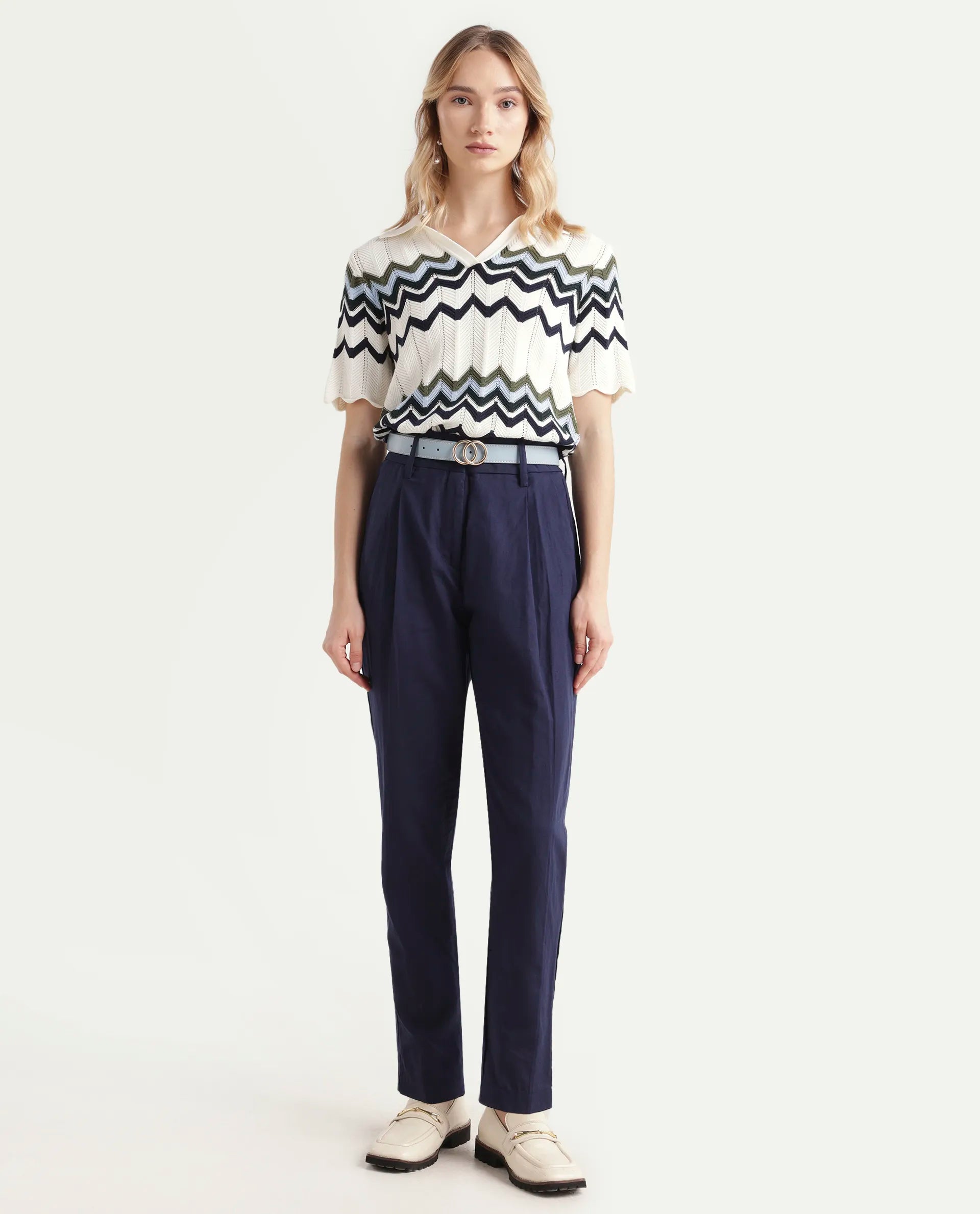 Rareism Women's Plio Dark Navy Cotton Blend Plain Ankle Length Tapered Trouser