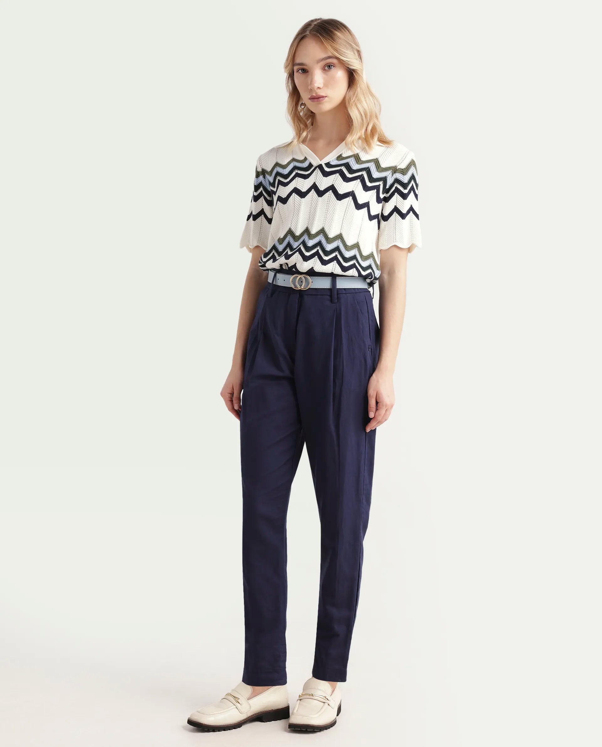 Rareism Women's Plio Dark Navy Cotton Blend Plain Ankle Length Tapered Trouser