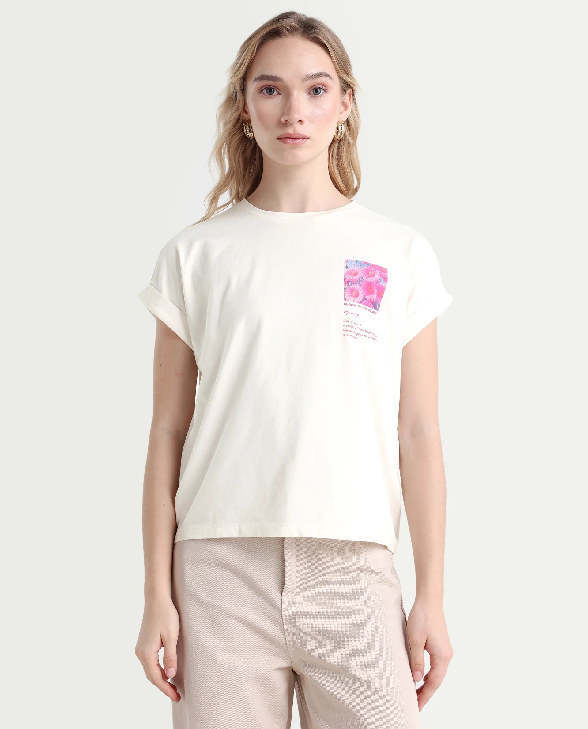 Rareism Women's Poctri Off White Cotton Blend Crew Neck Graphic Print Extended Sleeves Regular Fit T-Shirt