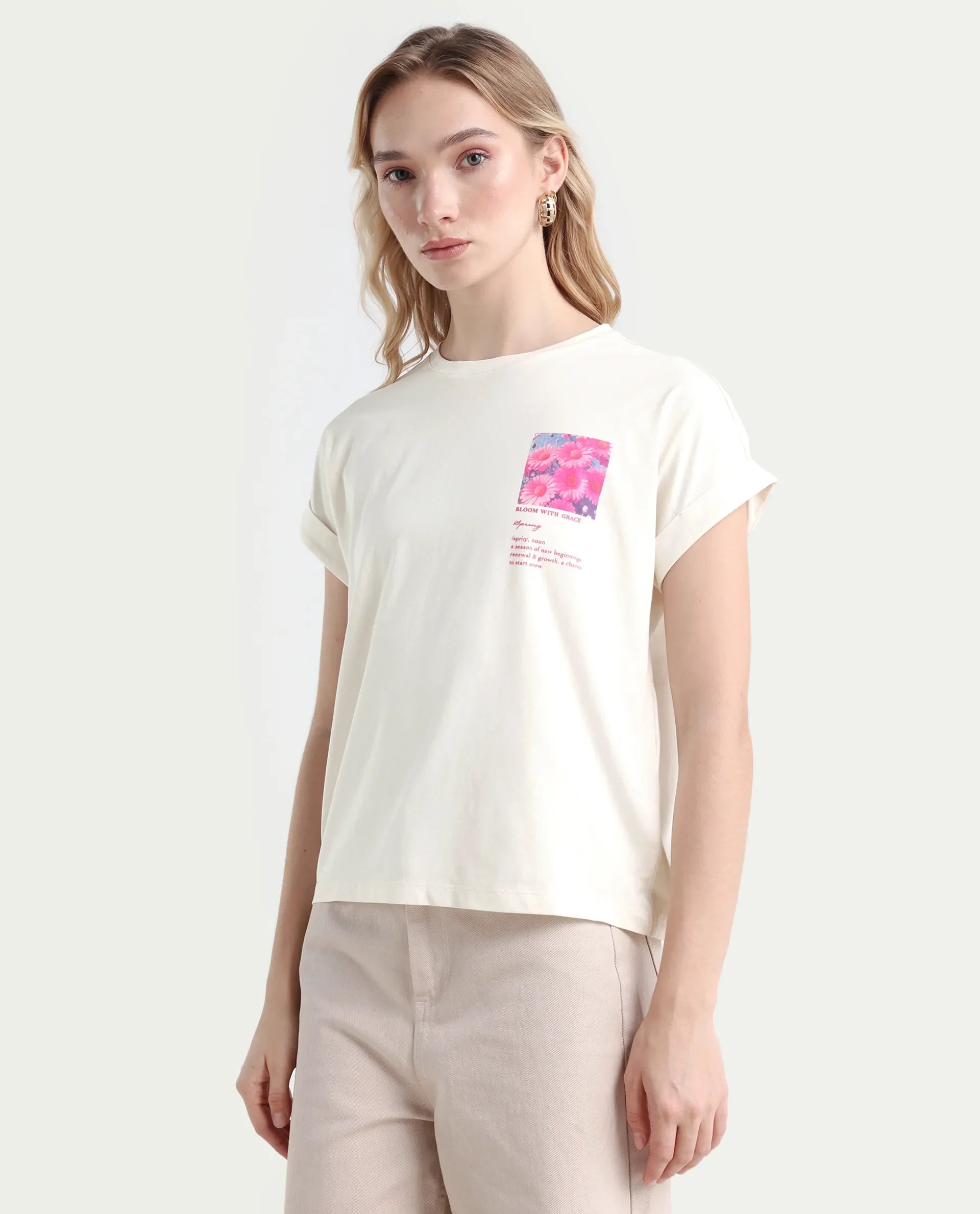 Rareism Women's Poctri Off White Cotton Blend Crew Neck Graphic Print Extended Sleeves Regular Fit T-Shirt