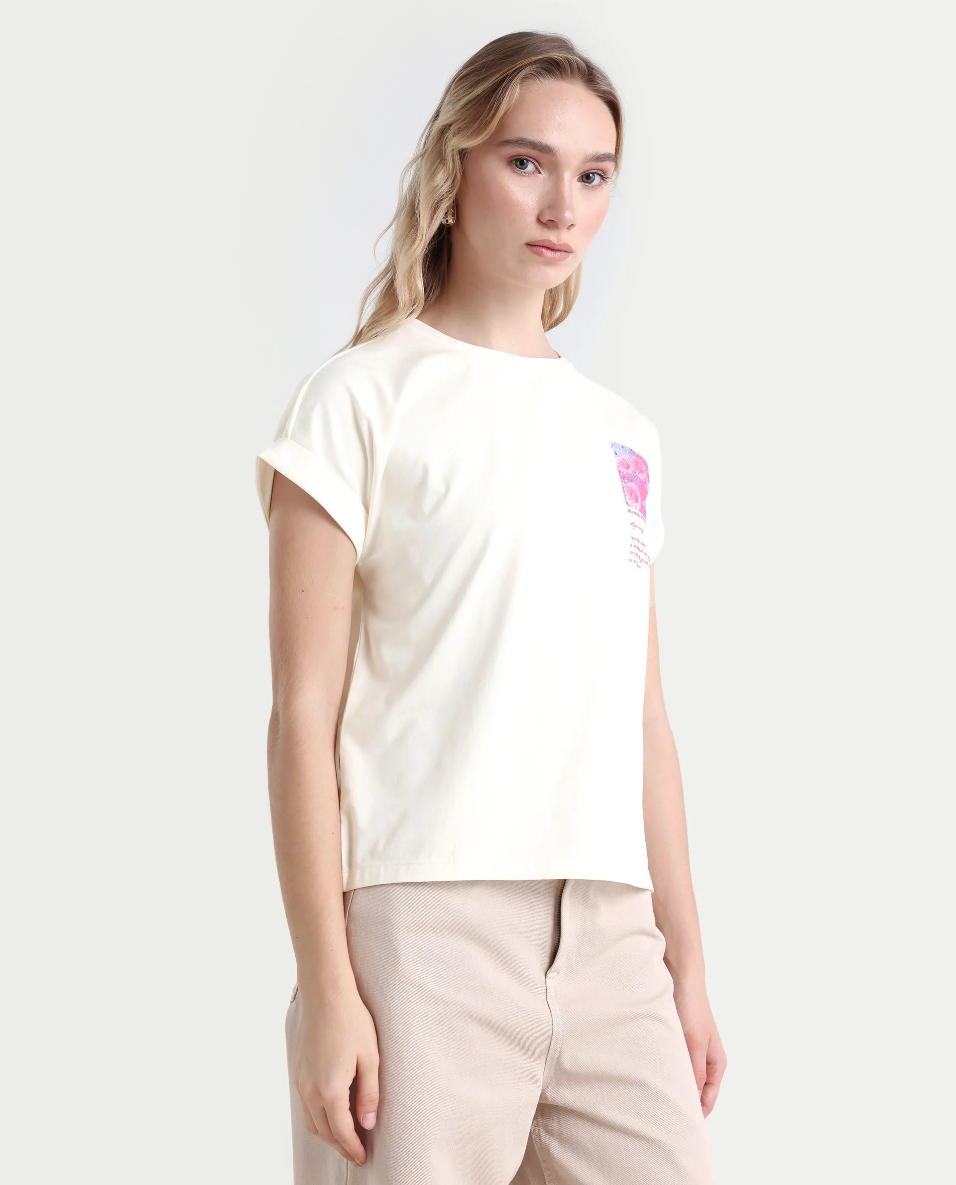 Rareism Women's Poctri Off White Cotton Blend Crew Neck Graphic Print Extended Sleeves Regular Fit T-Shirt