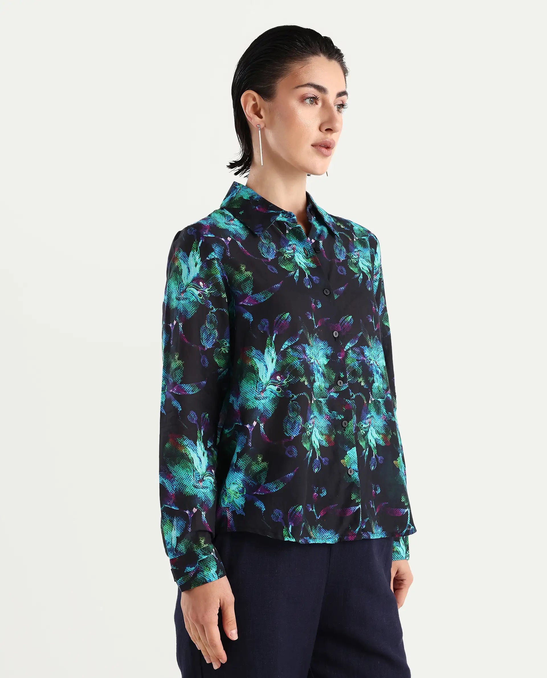 Rareism Women's Pointy Multi Cotton Spread Collar Floral Print Regular Fit Top