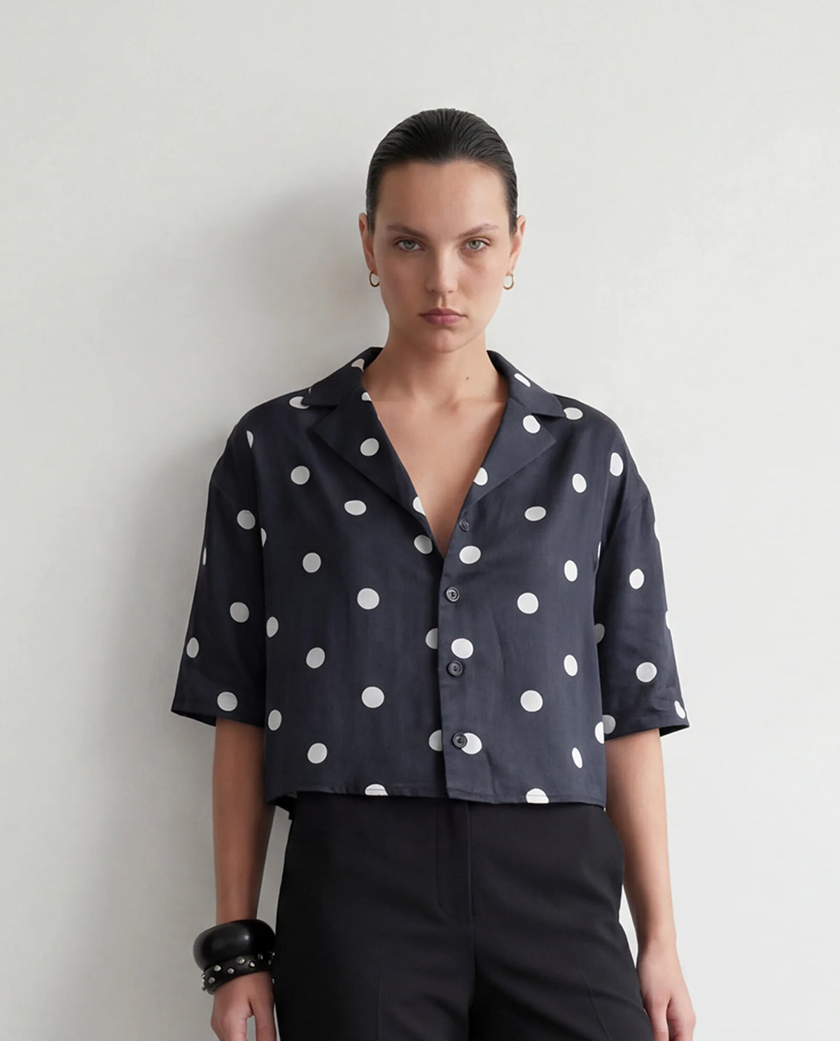 Rareism Women's Polbo Black Cotton Blend Lapel Neck Button Regular Polka Print Top