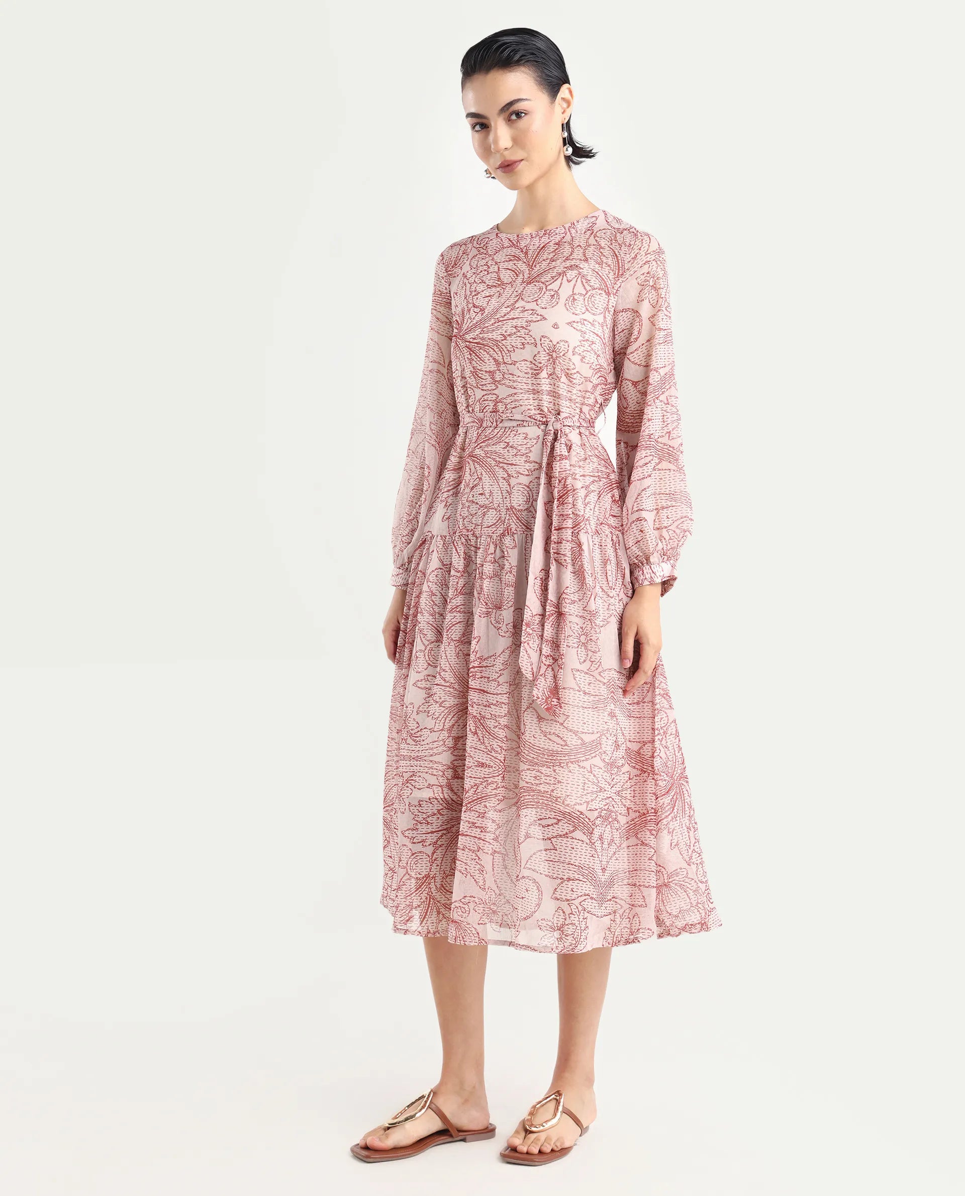Rareism Women's Polima Multi Cotton Round Neck Abstract Print Bishop Sleeve Midi Flared Dress