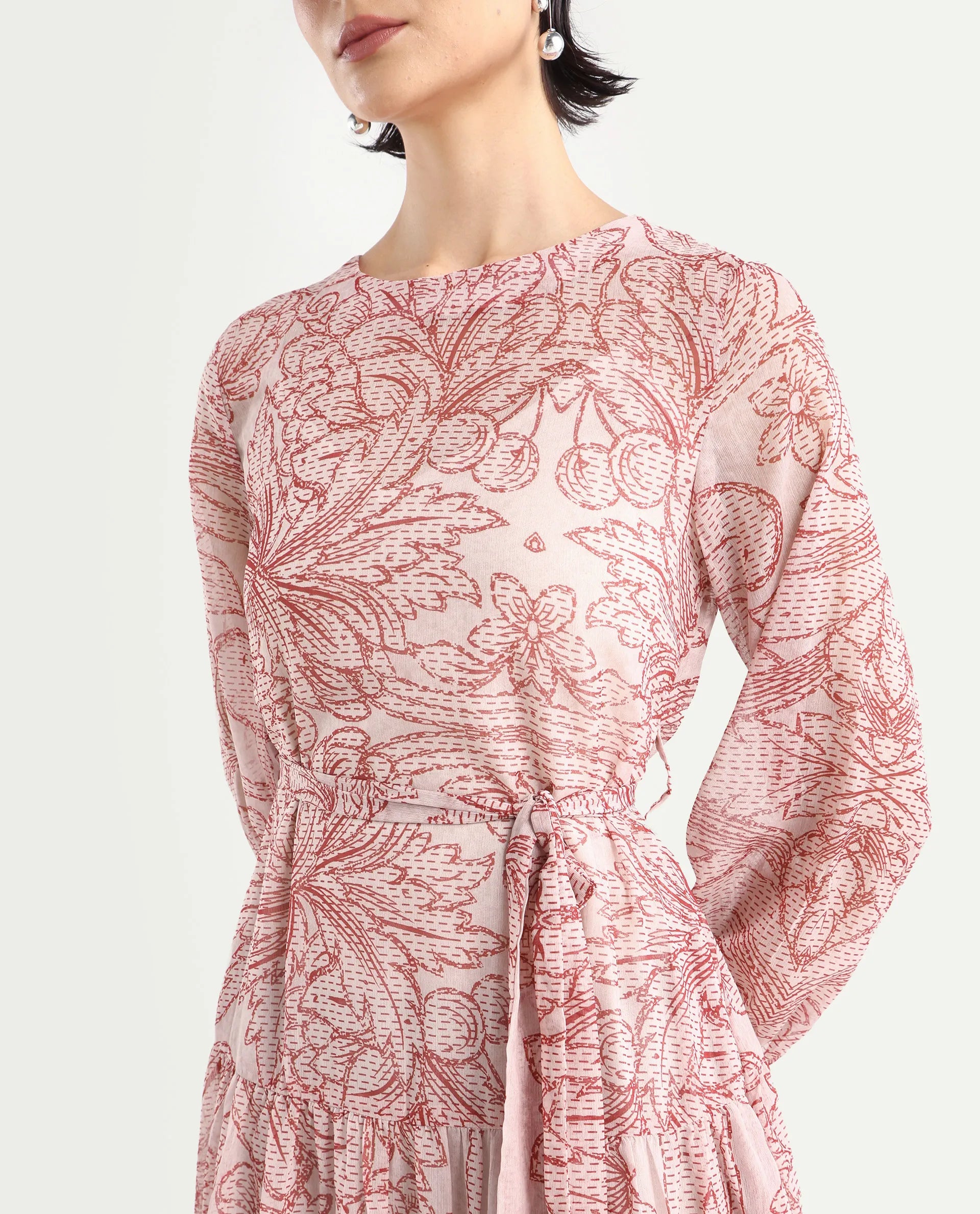 Rareism Women's Polima Multi Cotton Round Neck Abstract Print Bishop Sleeve Midi Flared Dress