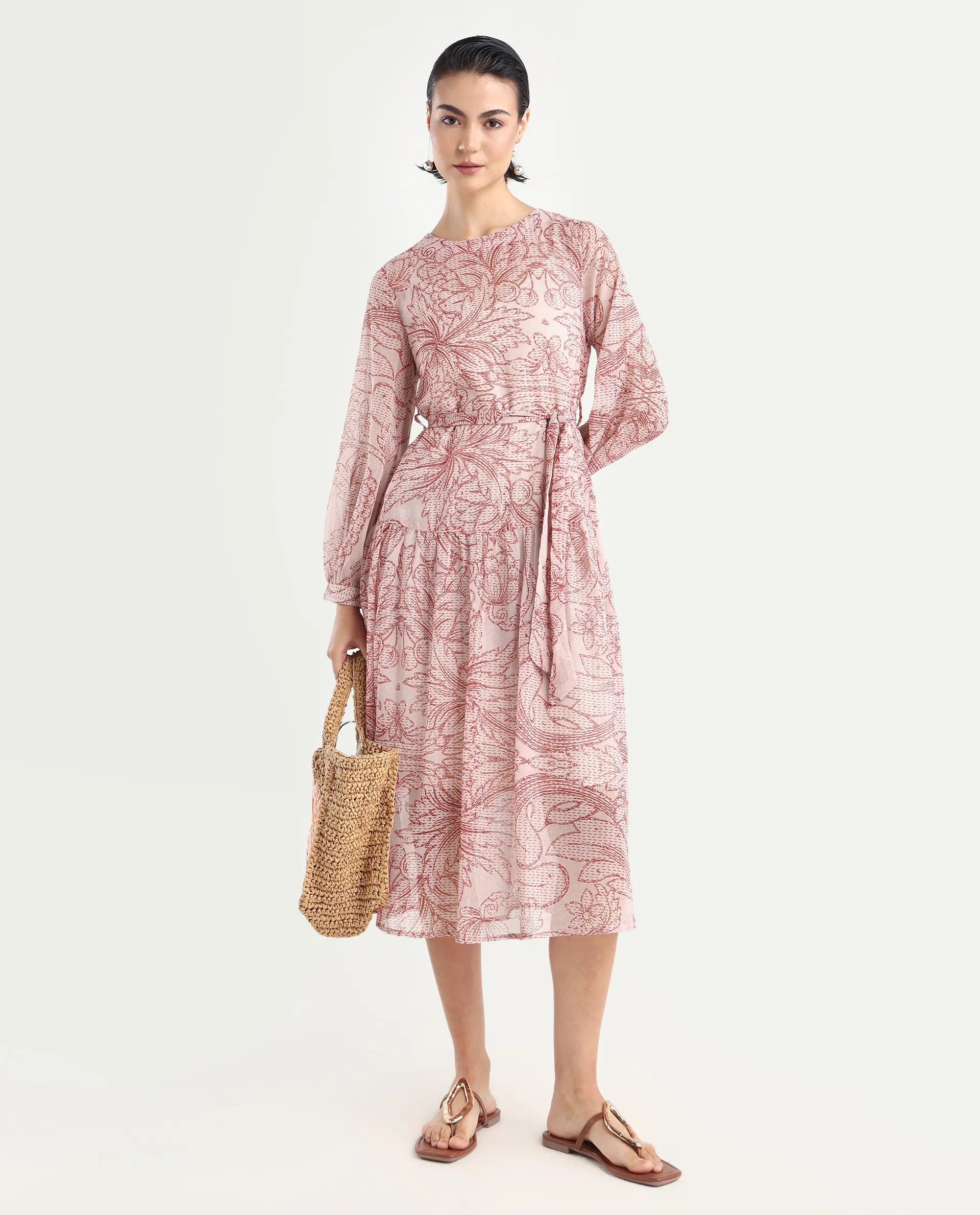Rareism Women's Polima Multi Cotton Round Neck Abstract Print Bishop Sleeve Midi Flared Dress