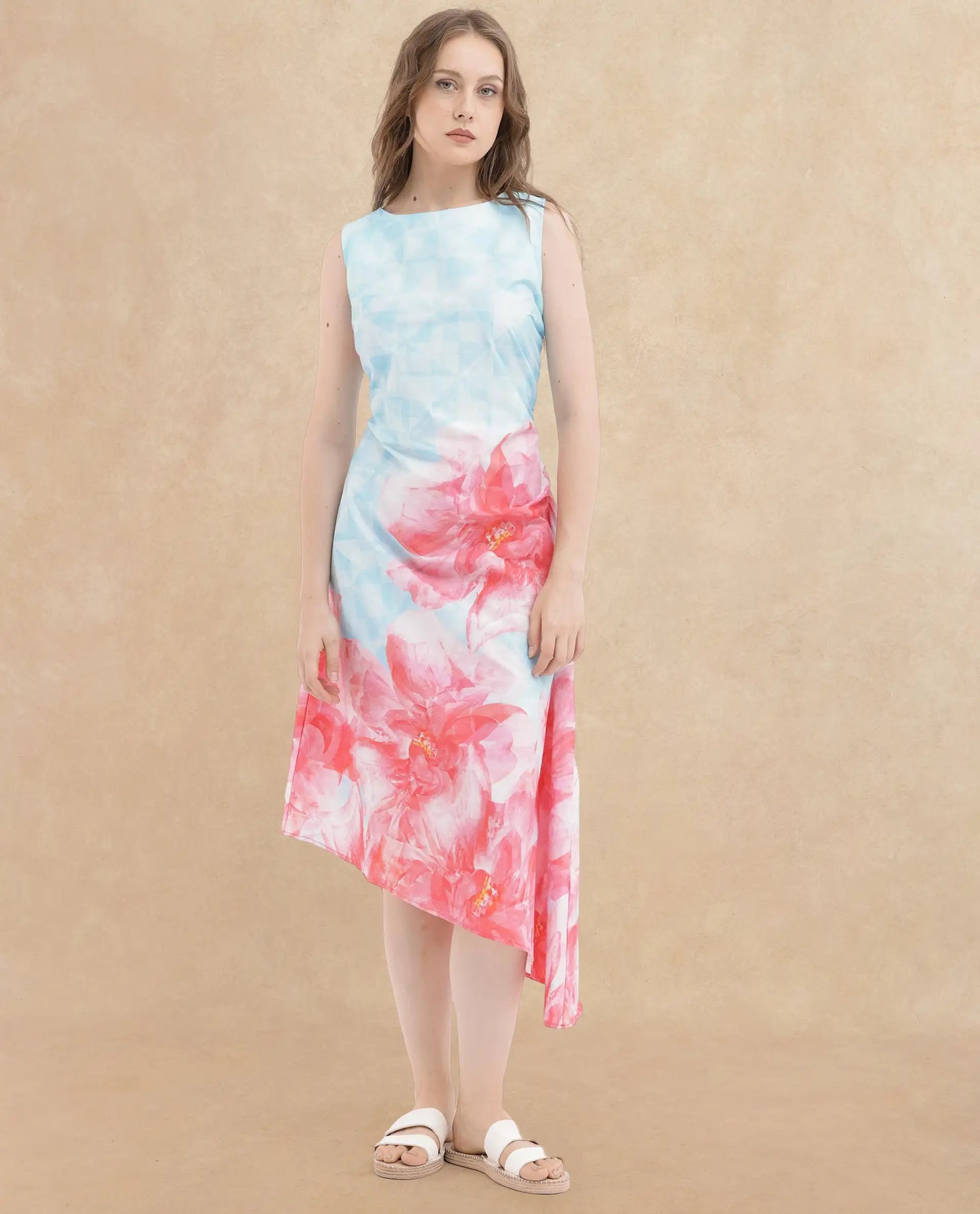 Rareism Women's Polina Blue Cotton Blend Boat Neck Floral Print Sleeveless Midi A-Line Dress