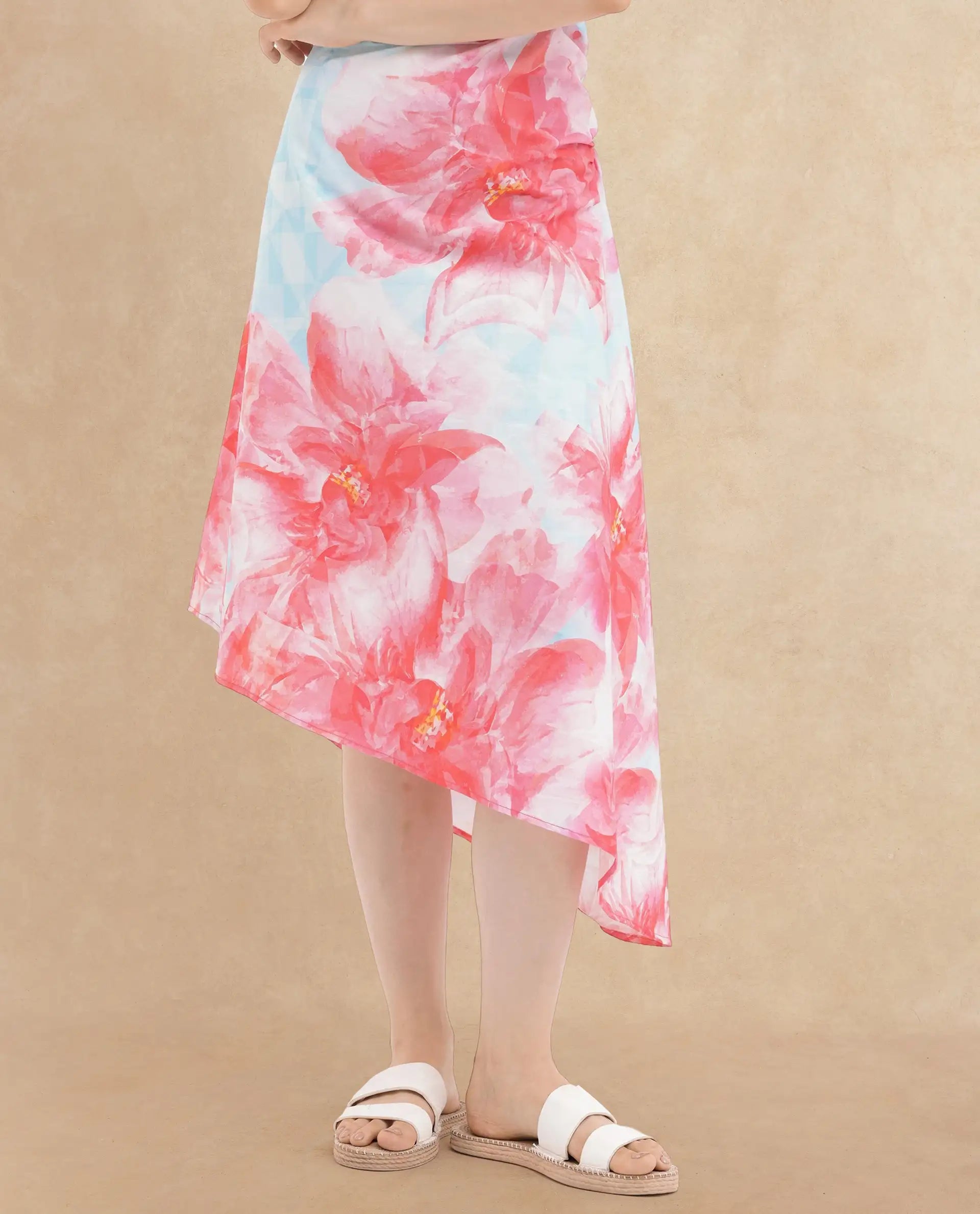 Rareism Women's Polina Blue Cotton Blend Boat Neck Floral Print Sleeveless Midi A-Line Dress