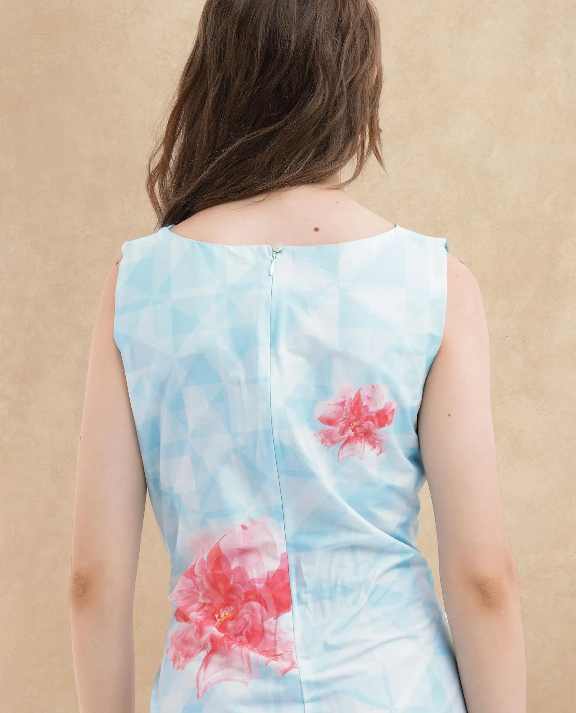 Rareism Women's Polina Blue Cotton Blend Boat Neck Floral Print Sleeveless Midi A-Line Dress