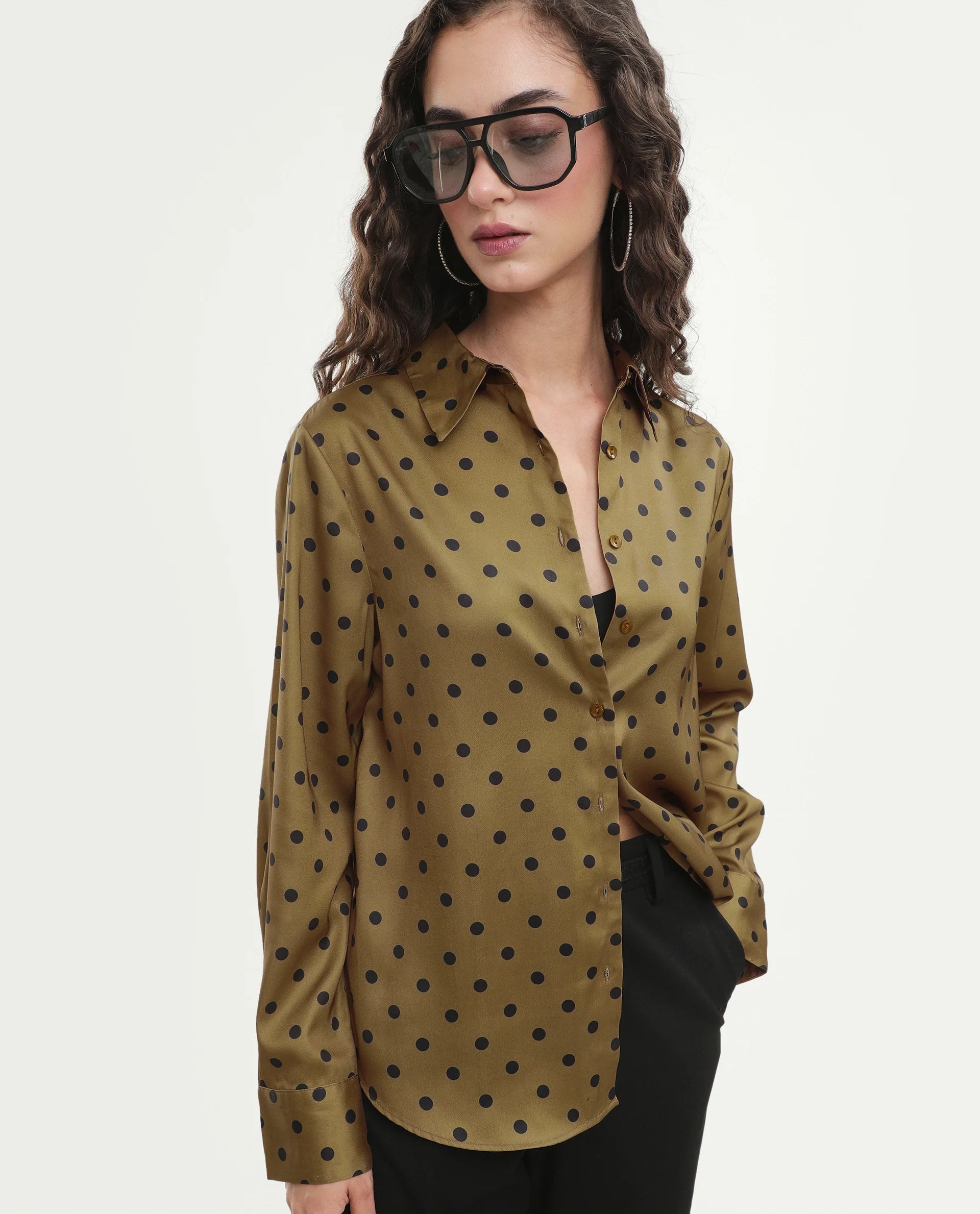 Rareism Women's Polro Olive Polyester Spread Collar Button Relaxed Polka Print Shirt