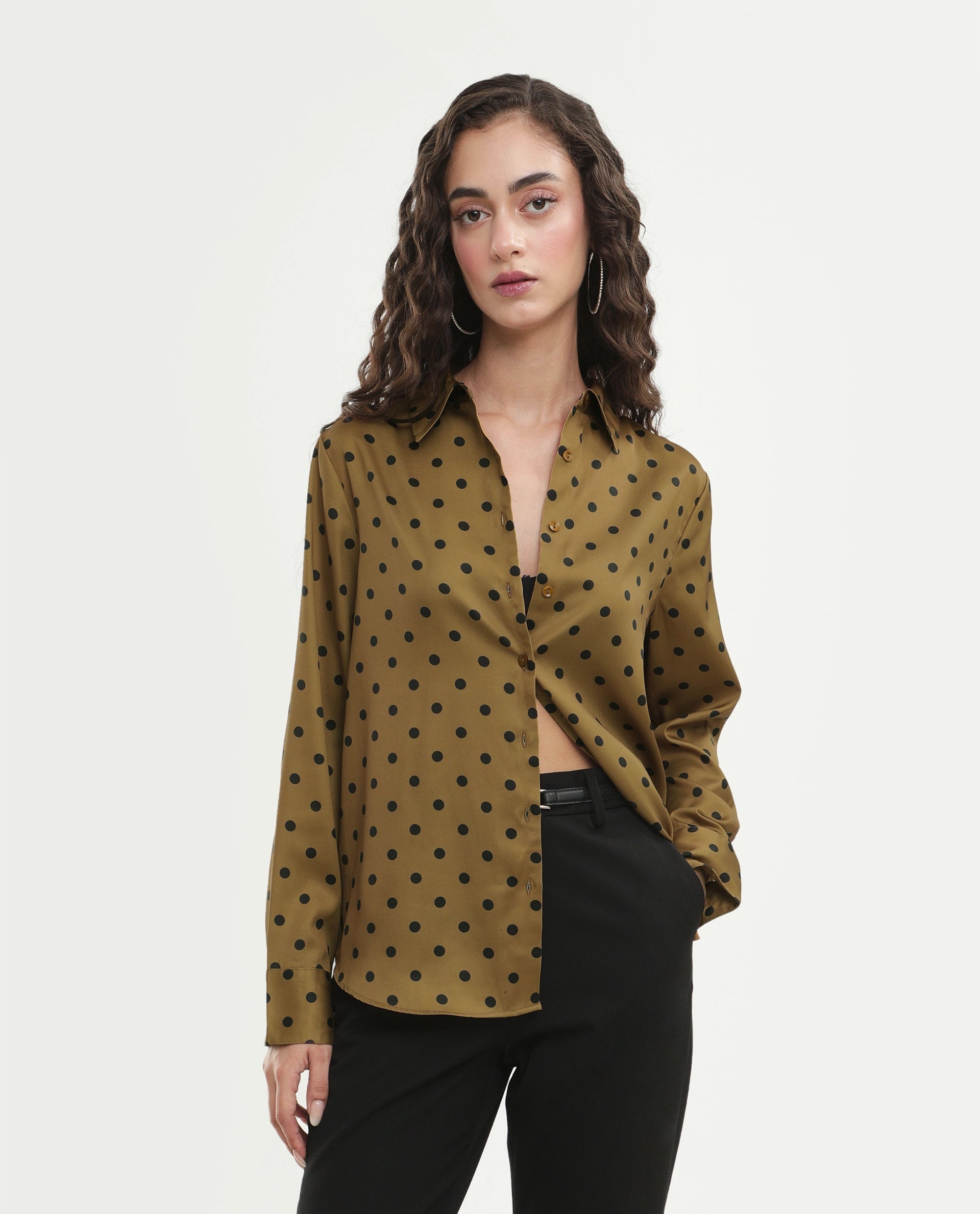 Rareism Women's Pola Beige Polyester Fabric Spread Collar Relaxed Polka Print Shirt