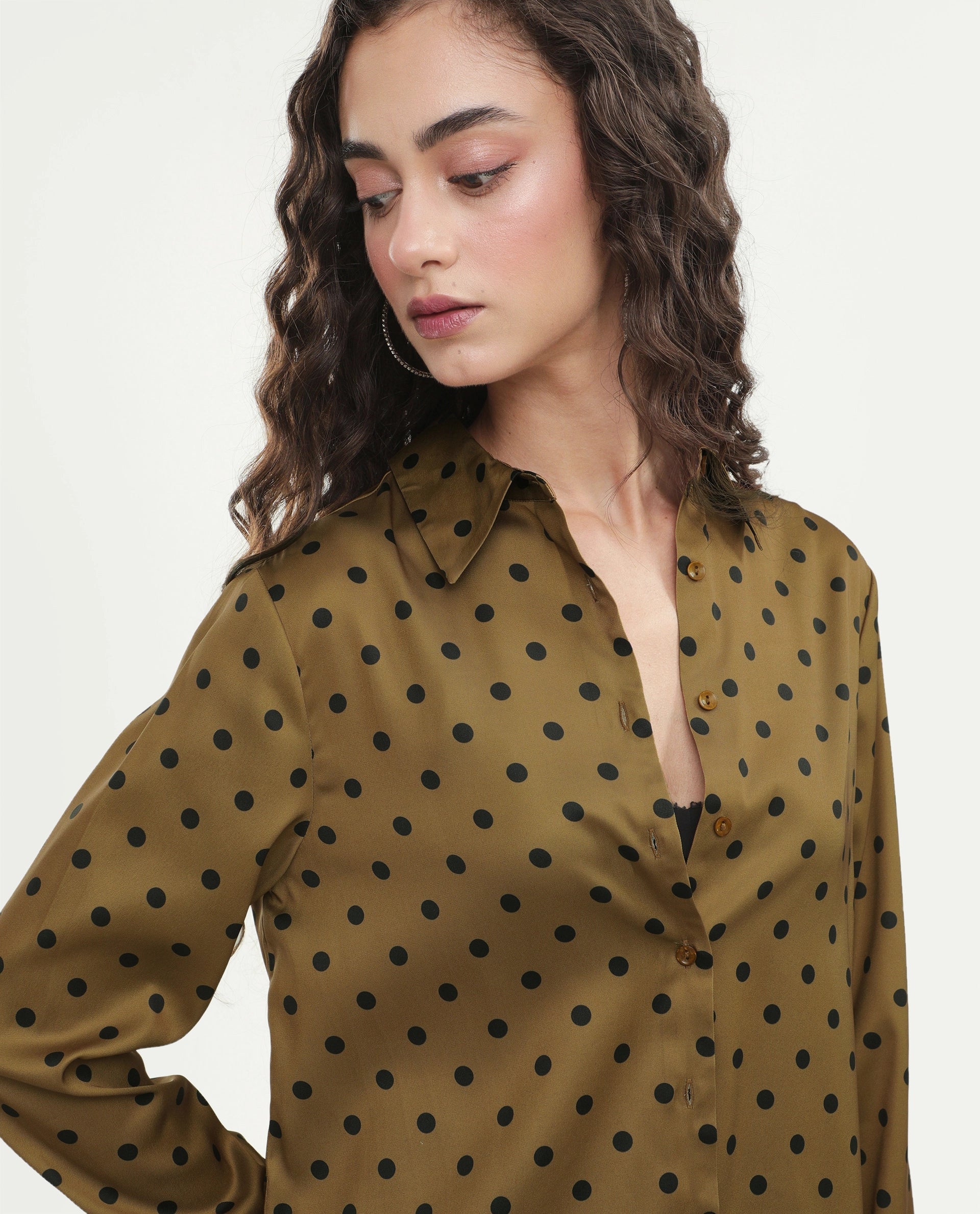 Rareism Women's Polro Olive Polyester Spread Collar Button Relaxed Polka Print Shirt