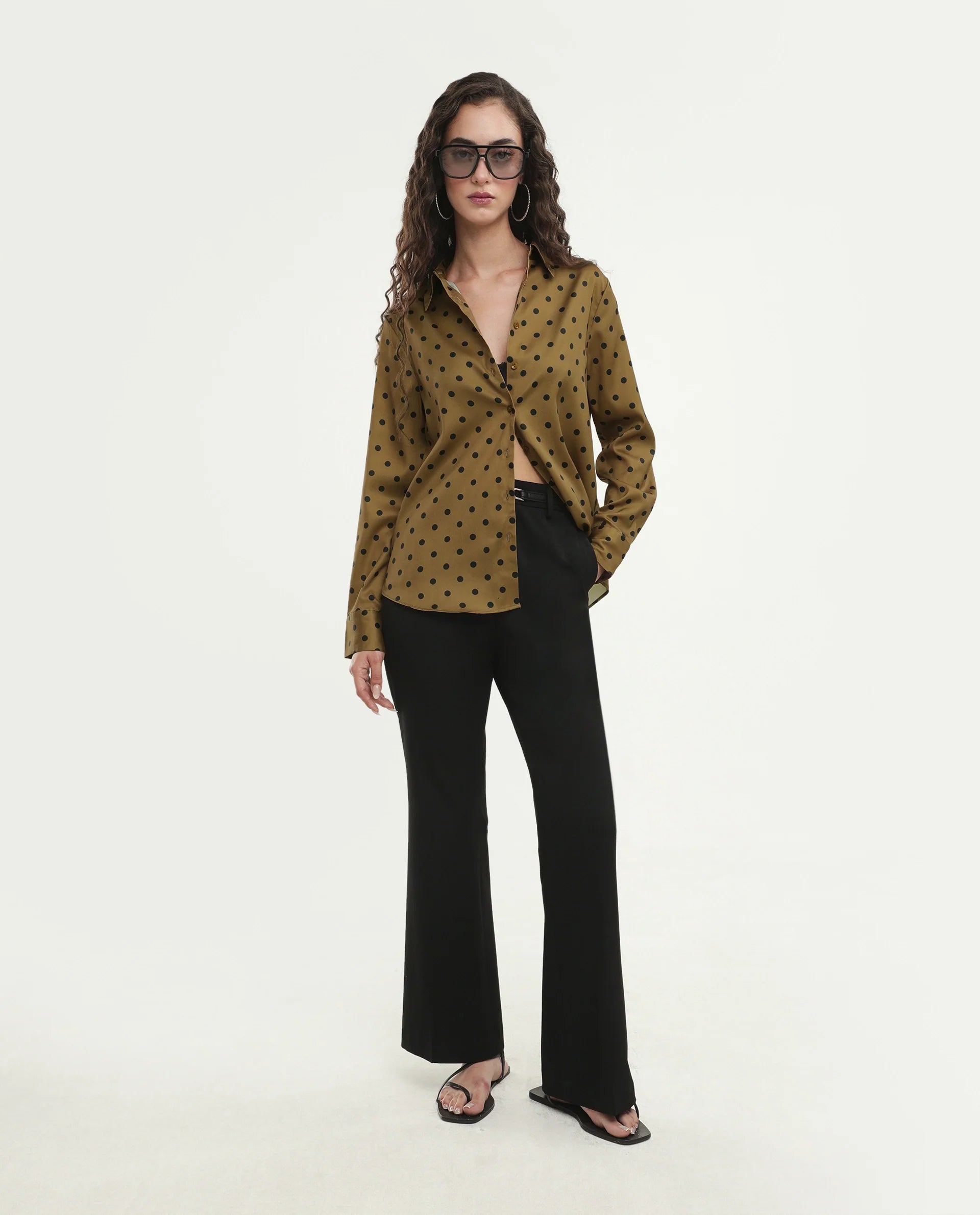 Rareism Women's Polro Olive Polyester Spread Collar Button Relaxed Polka Print Shirt