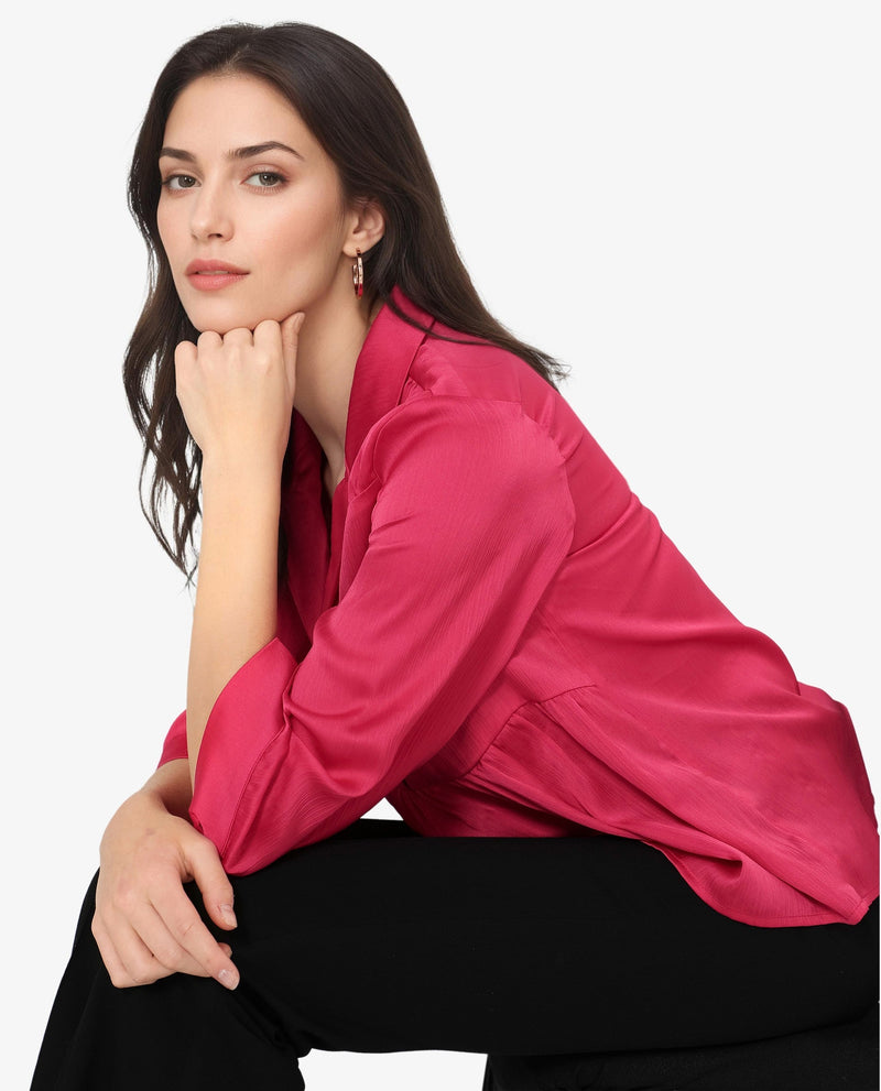 Rareism Women Pomezia Dark Red Polyester Button Closure 3/4Th Sleeve Lapel Collar Plain Top