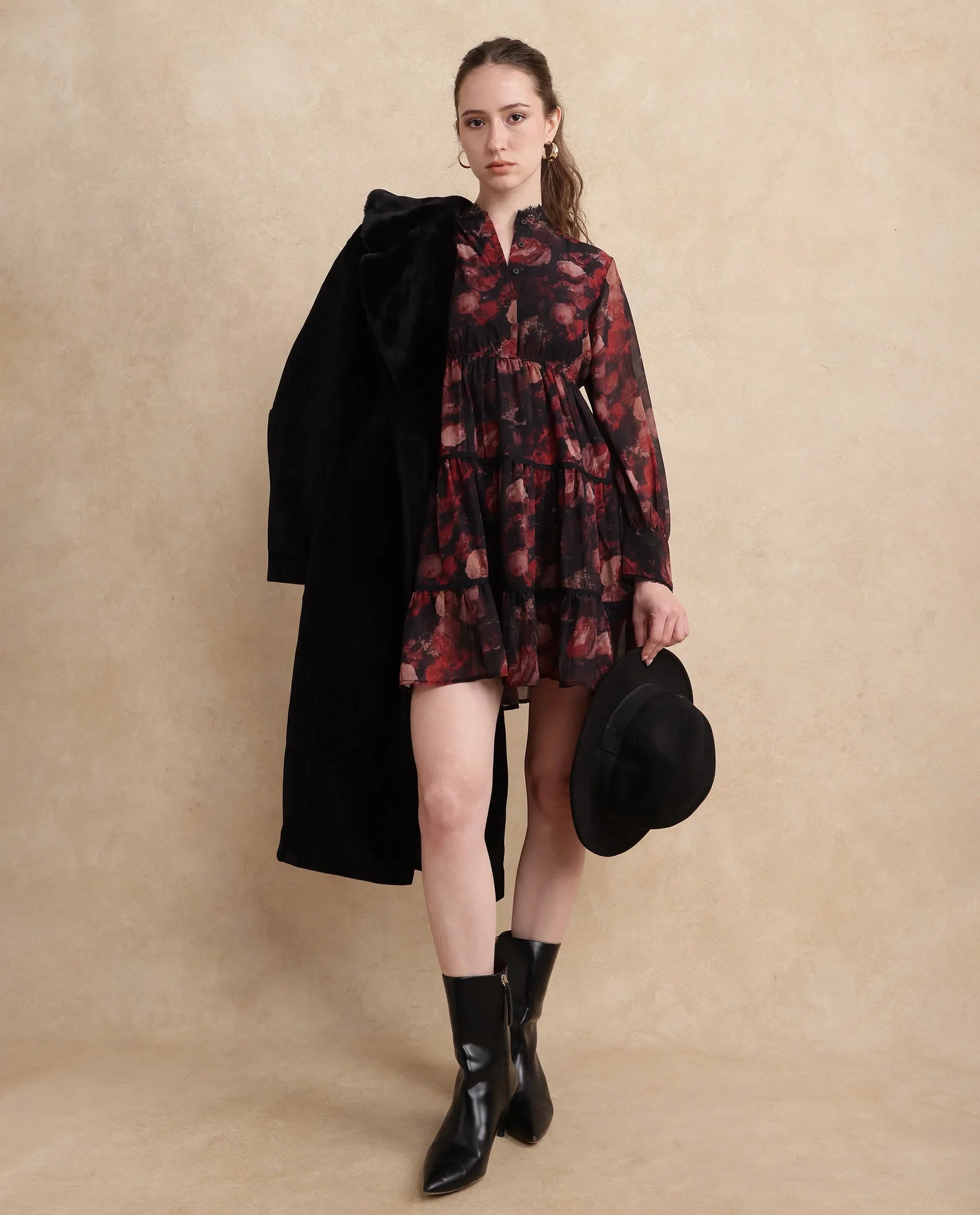 Rareism Women Popoe Dark Multi Knee Length Ruffled Neck Button Closure Fit And Flare Knee Length Floral Print Dress