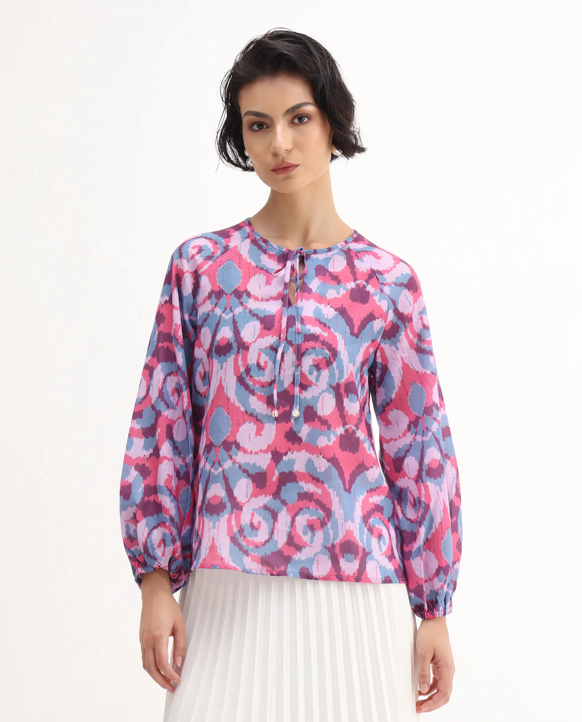 Rareism Women's Portia Multi Linen Tie-Up Neck Abstract Print Raglan Sleeve Regular Fit Top