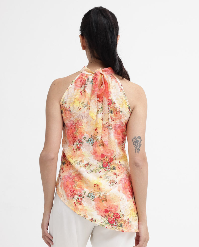 Rareism Women Potenza Pastel Multi Sleeveless Halter Neck Tie Up Floral Print Top