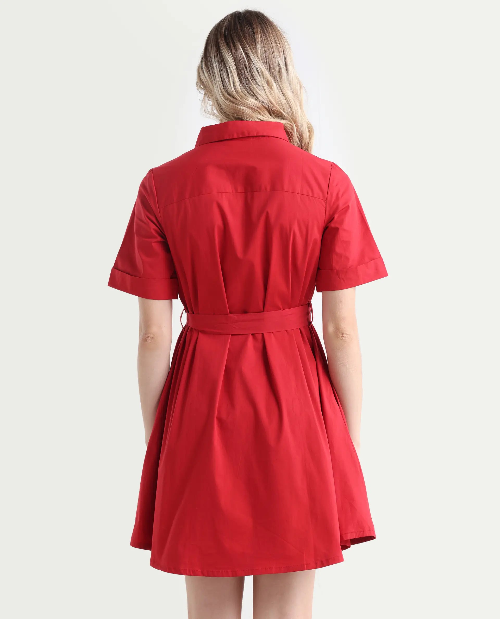 Rareism Women's Poutf Rust Cotton Blend Drop Collar Plain Mini Flared Dress