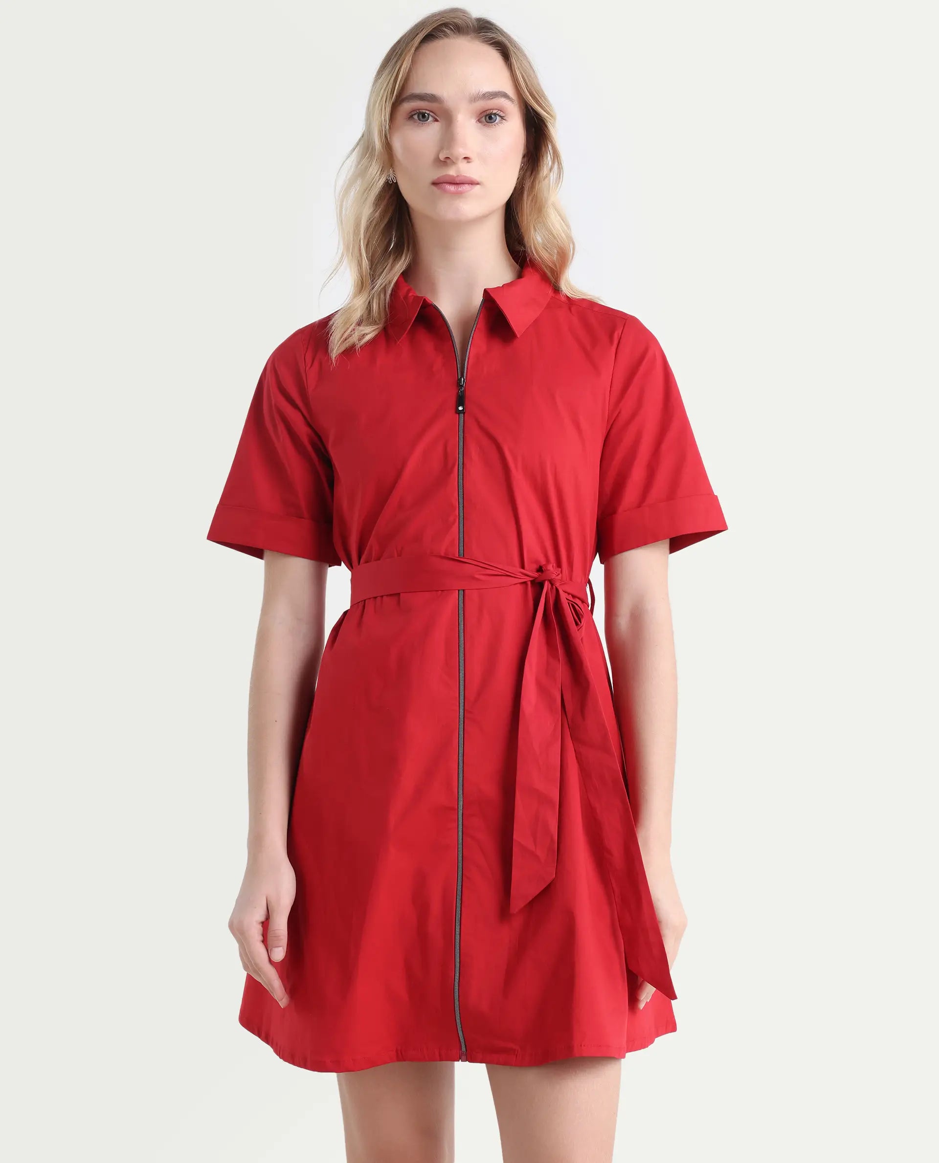 Rareism Women's Poutf Rust Cotton Blend Drop Collar Plain Mini Flared Dress