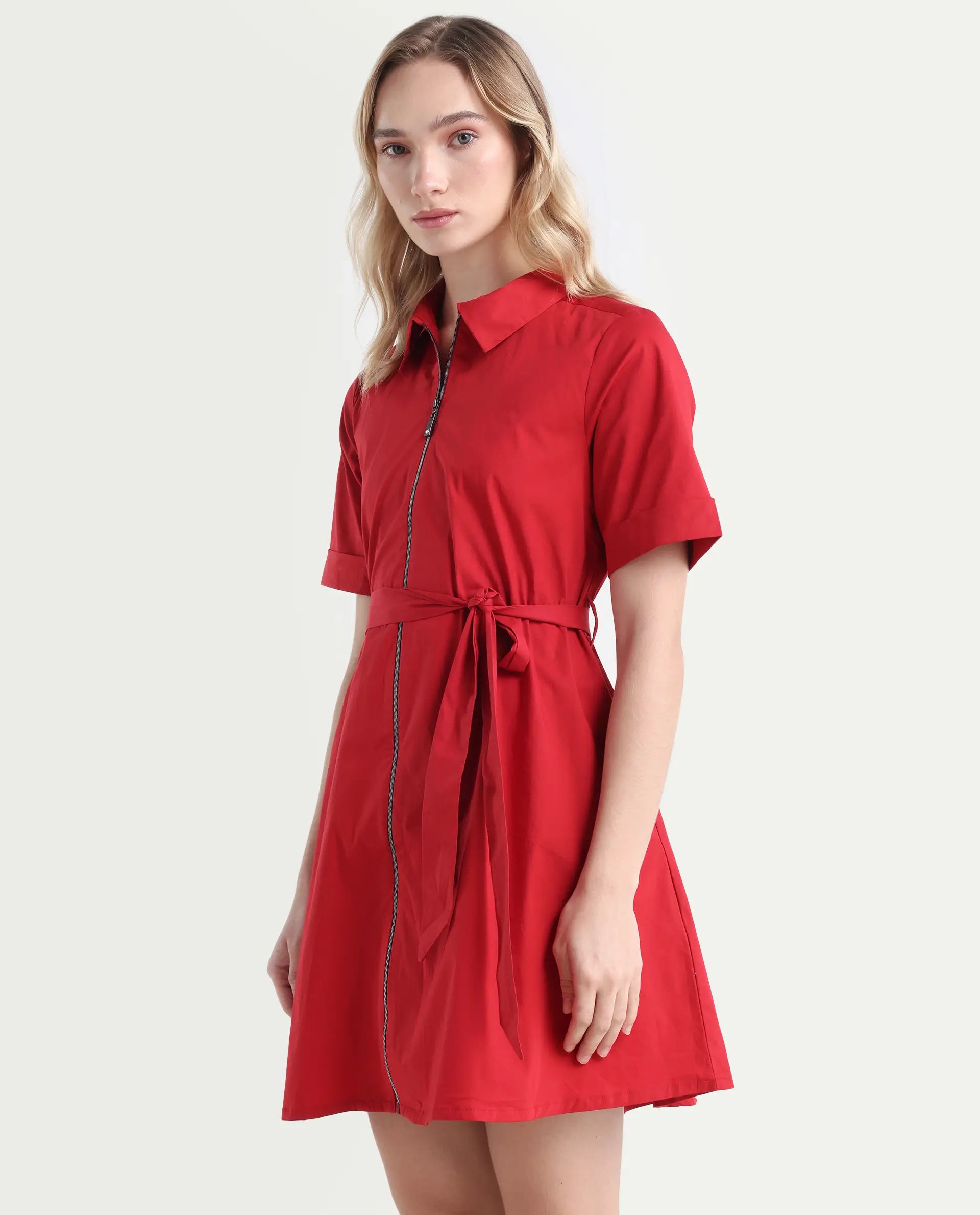 Rareism Women's Poutf Rust Cotton Blend Drop Collar Plain Mini Flared Dress