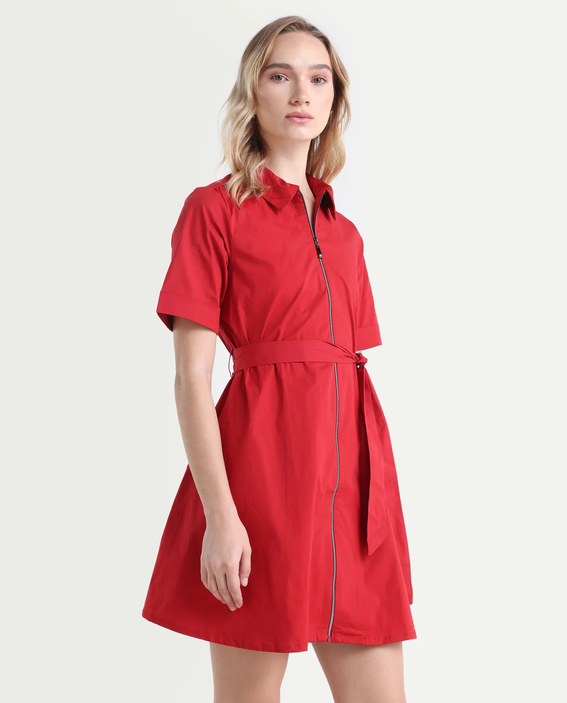 Rareism Women's Poutf Rust Cotton Blend Drop Collar Plain Mini Flared Dress