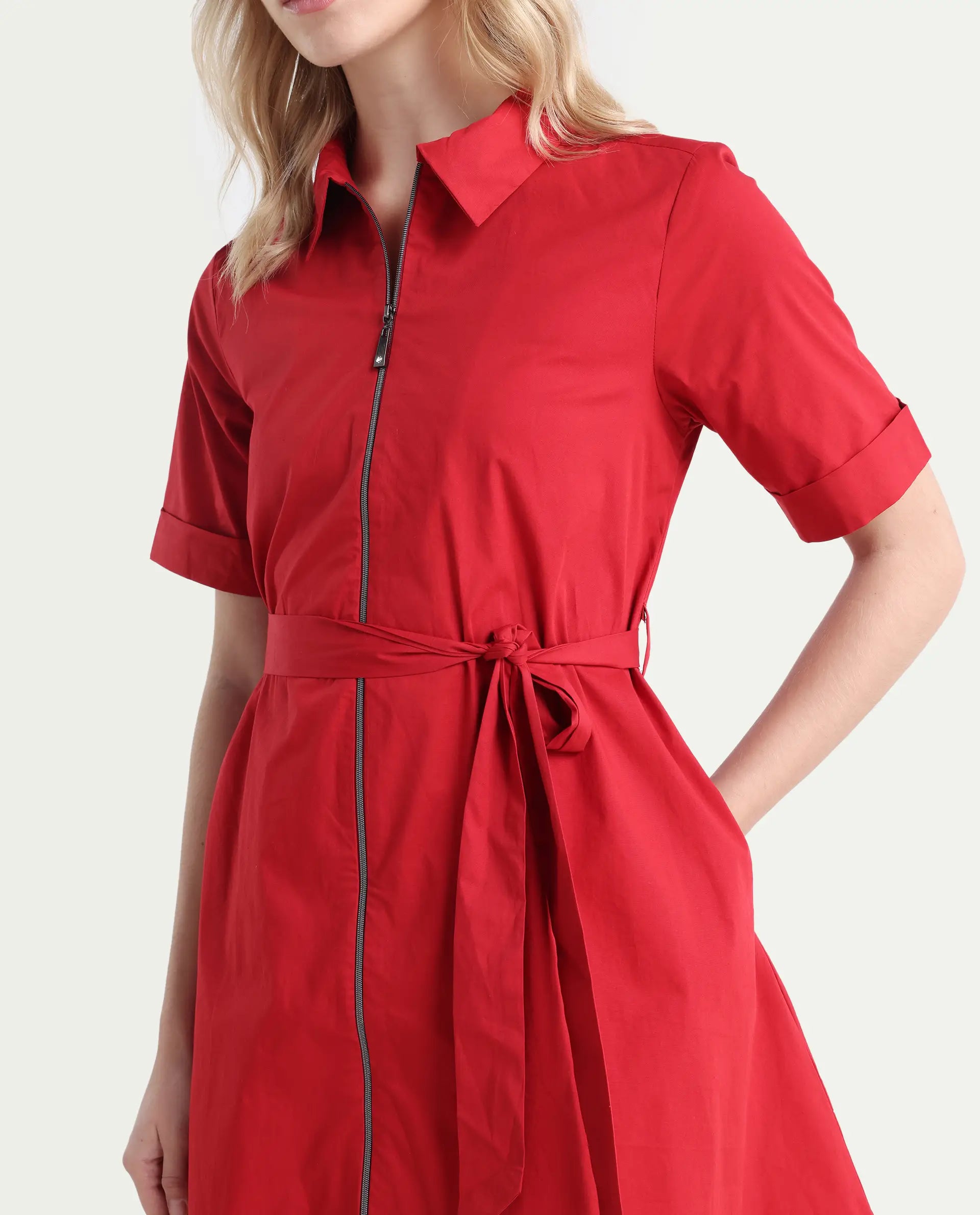 Rareism Women's Poutf Rust Cotton Blend Drop Collar Plain Mini Flared Dress