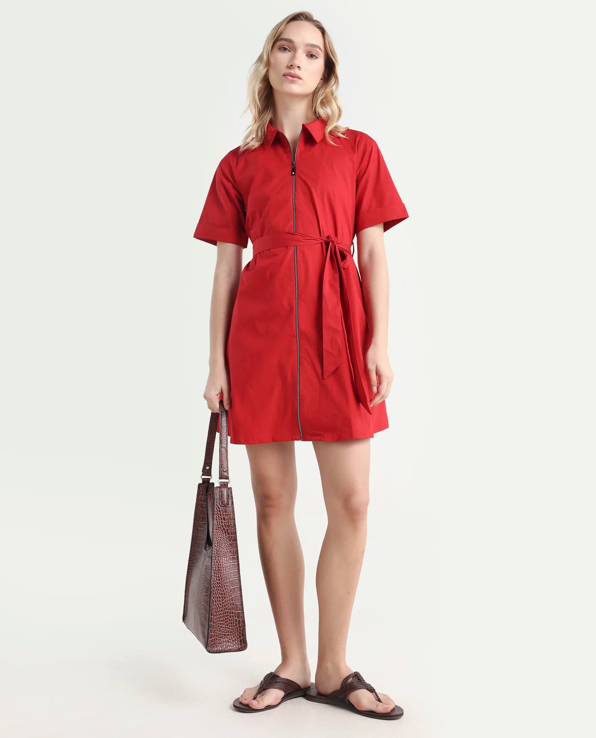 Rareism Women's Poutf Rust Cotton Blend Drop Collar Plain Mini Flared Dress