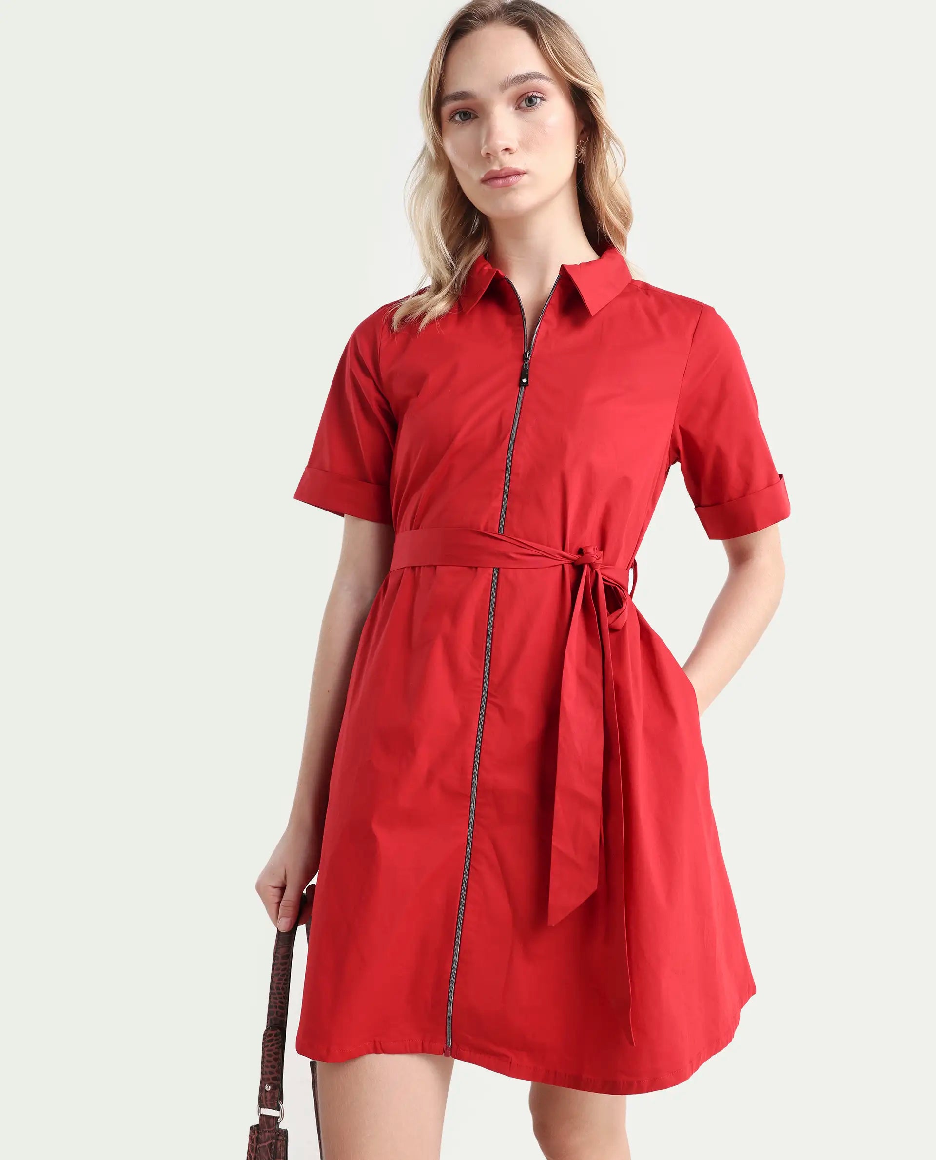 Rareism Women's Poutf Rust Cotton Blend Drop Collar Plain Mini Flared Dress