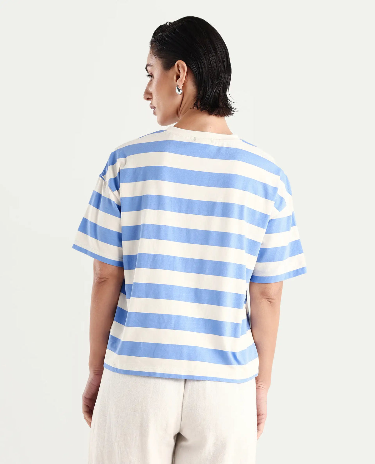 Rareism Women's Prandant Blue Cotton Blend Crew Neck Striped Boxy Fit T-Shirt