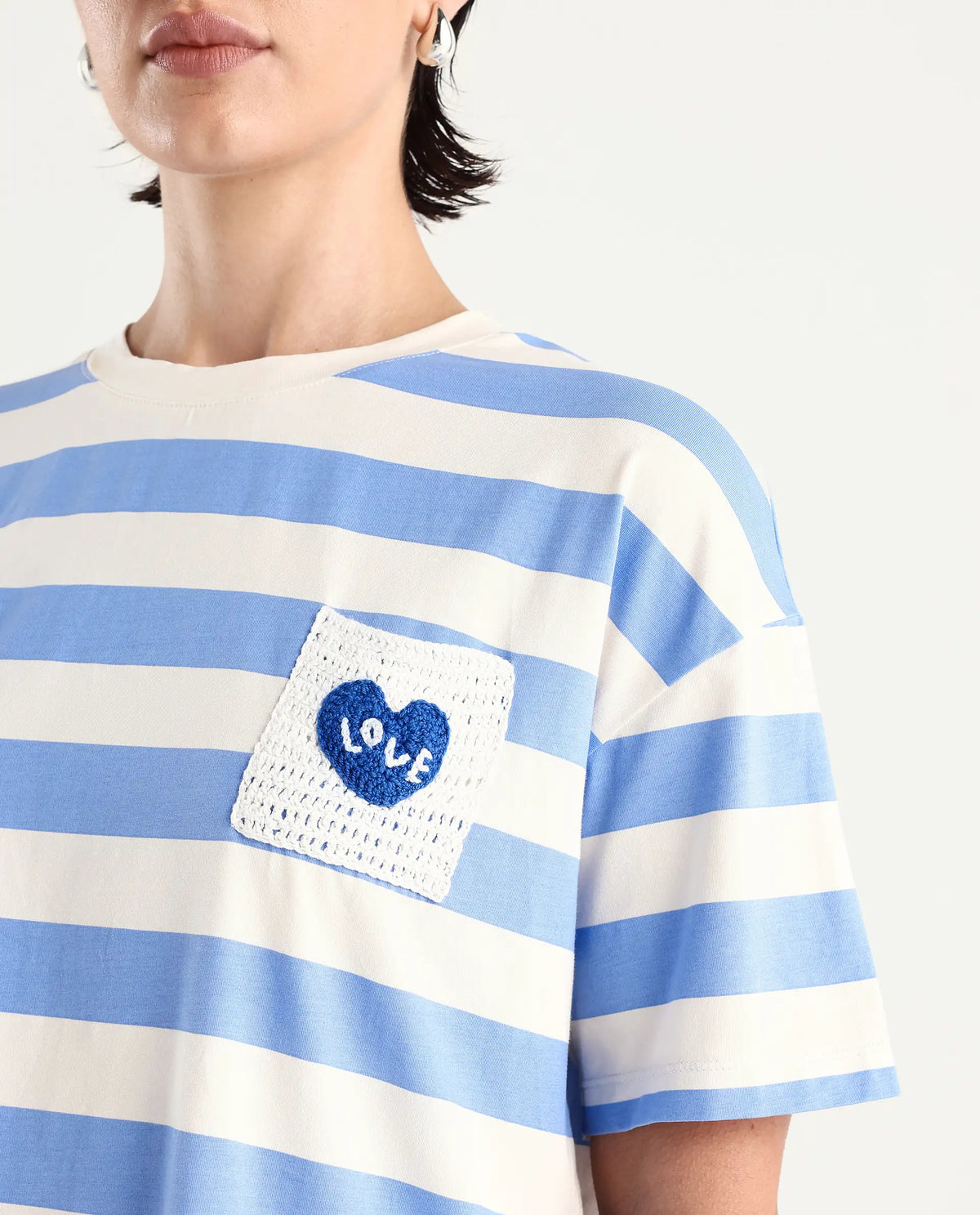 Rareism Women's Prandant Blue Cotton Blend Crew Neck Striped Boxy Fit T-Shirt