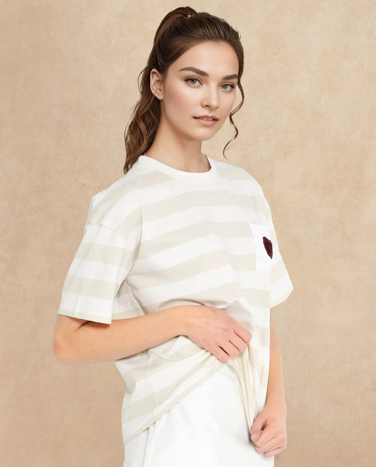 Rareism Women's Prandant Off White Cotton Blend Crew Neck Striped Boxy Fit T-Shirt